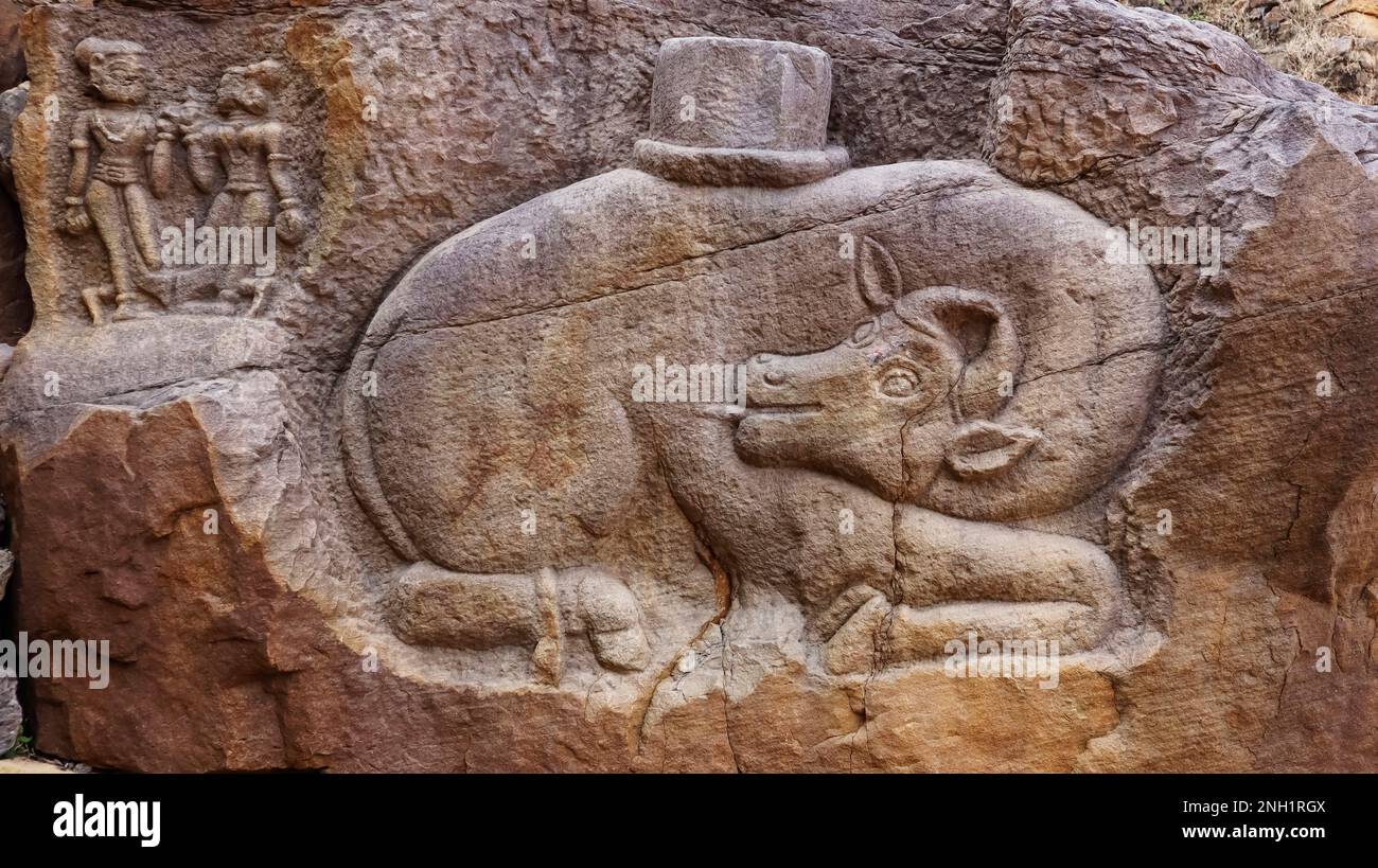 Carving of Nandi. bull, Vahana of Lord Shiva on the Wall of Ajaygarh Fort, Panna, Madhya Pradesh, India. Stock Photo