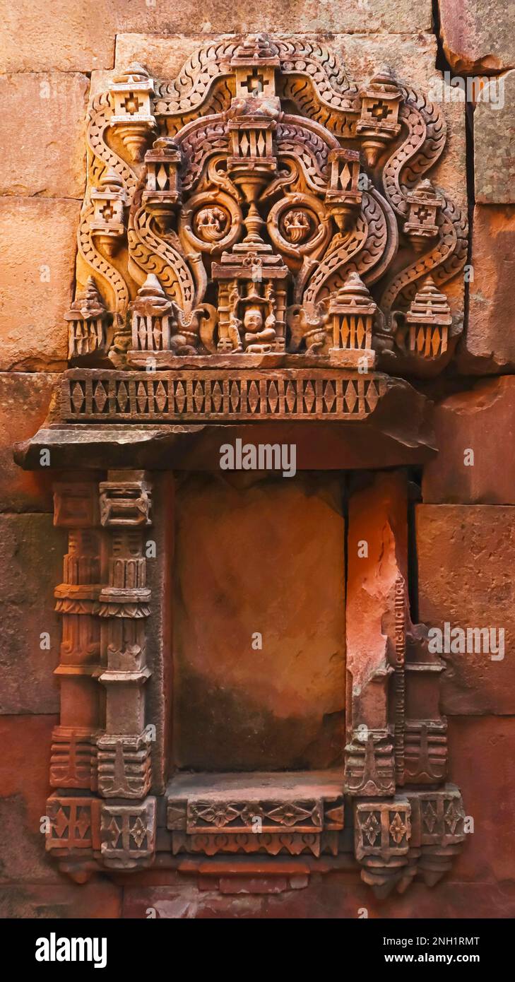 Carvings on the Chandela Ganesha Temple, Ajaygarh Fort, Panna, Madhya Pradesh, India. Stock Photo