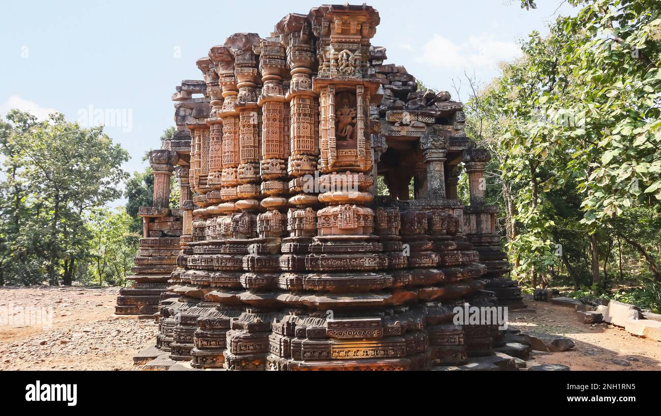 Temple with all four sides open and no Garbhagriha of Chandela dynasty, Ajaygarh Fort, Panna, Madhya Pradesh, India. Stock Photo