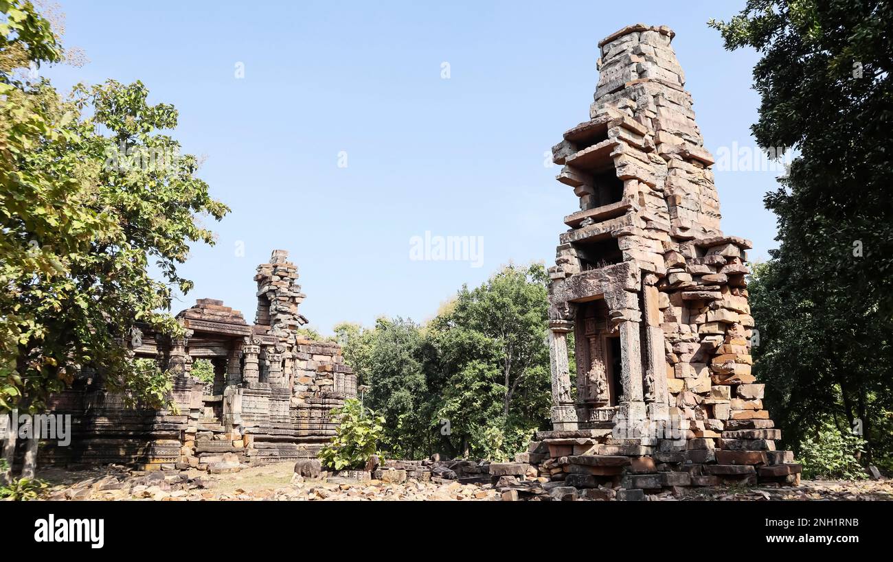 Group of Ruined Chandela Temples, Ajaygarh Fort, Panna, Madhya Pradesh, India. Stock Photo