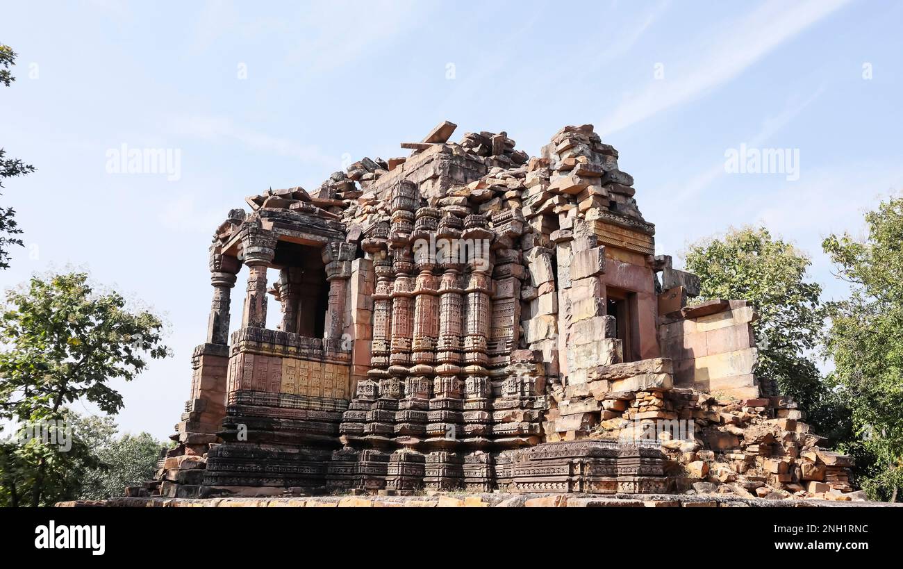 Group of Ruined Chandela Temples, Ajaygarh Fort, Panna, Madhya Pradesh, India. Stock Photo