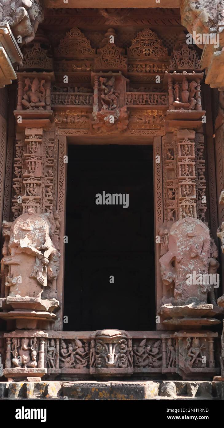 Carved Entrance of Ruined Chandela Temple, Ajaygarh Fort, Panna, Madhya Pradesh, India. Stock Photo