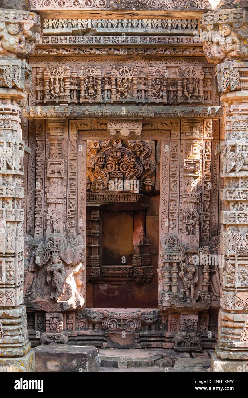 Carvings on the Chandela Temple, Ajaygarh Fort, Panna, Madhya Pradesh, India. Stock Photo