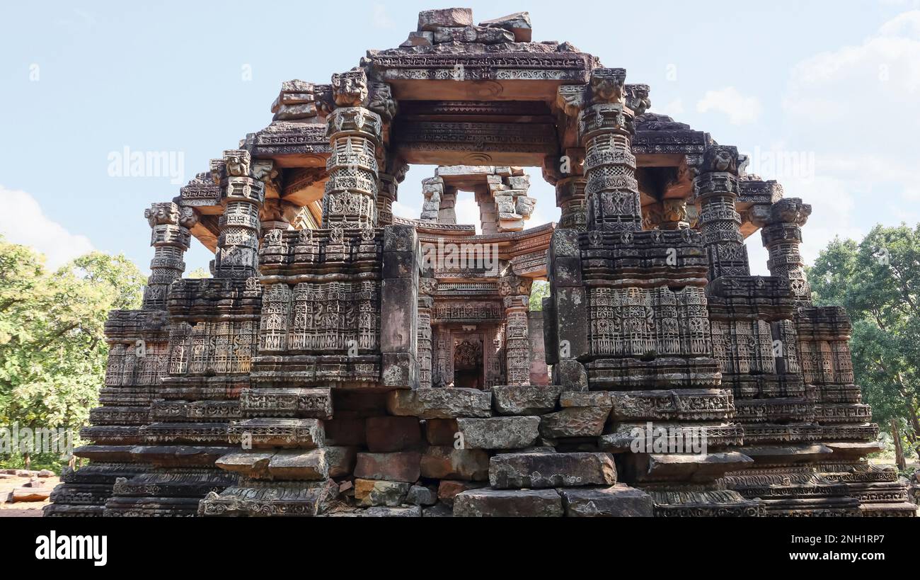 Temple with all four sides open and no Garbhagriha of Chandela dynasty , Ajaygarh Fort, Panna, Madhya Pradesh, India. Stock Photo