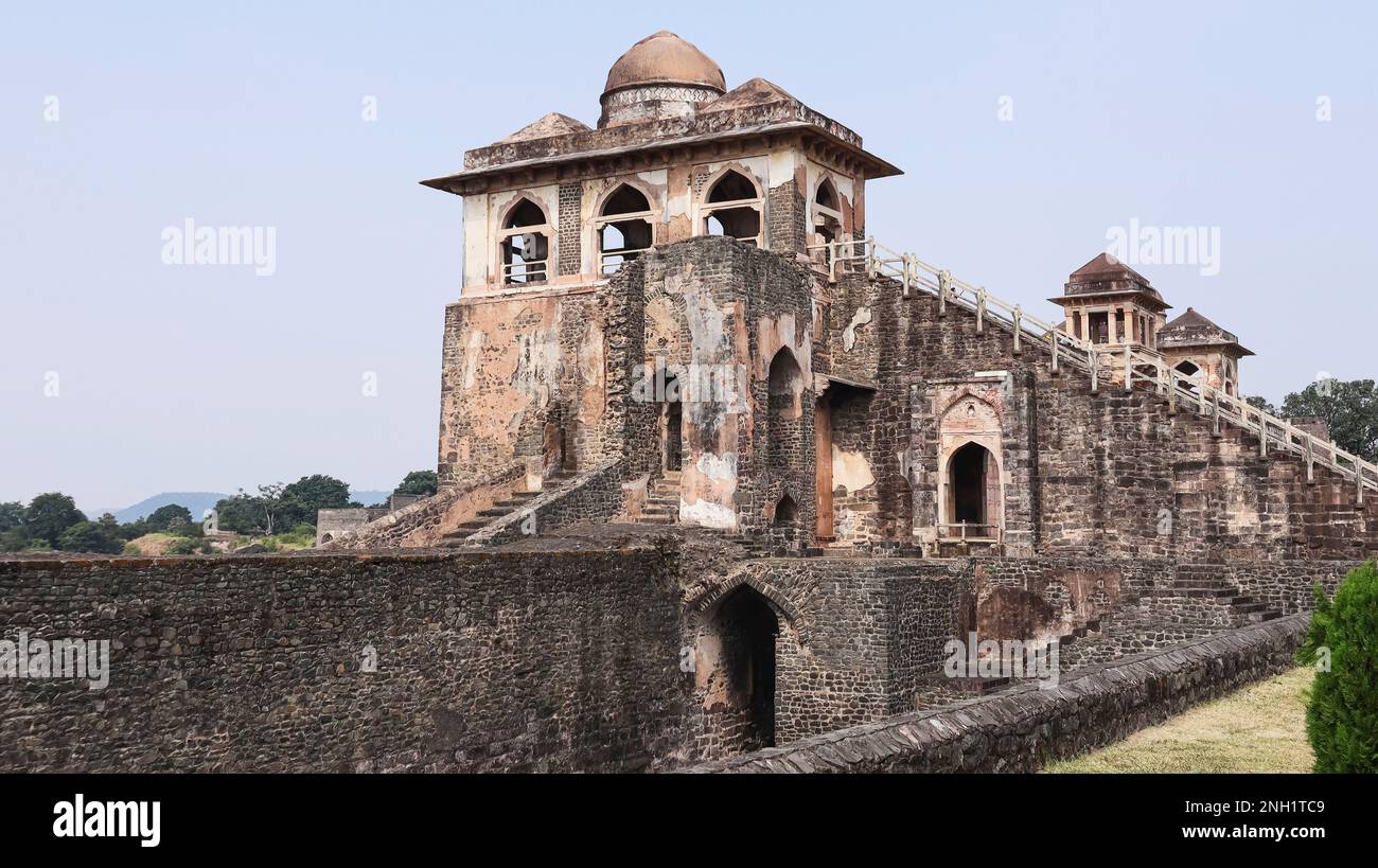 View of Jahaz Mahal shaped like a ship built during the reign of Mandu Sultan Ghiyas-ud-din Khilji, Mandu, Dhar, Madhya Pradesh, India. Stock Photo