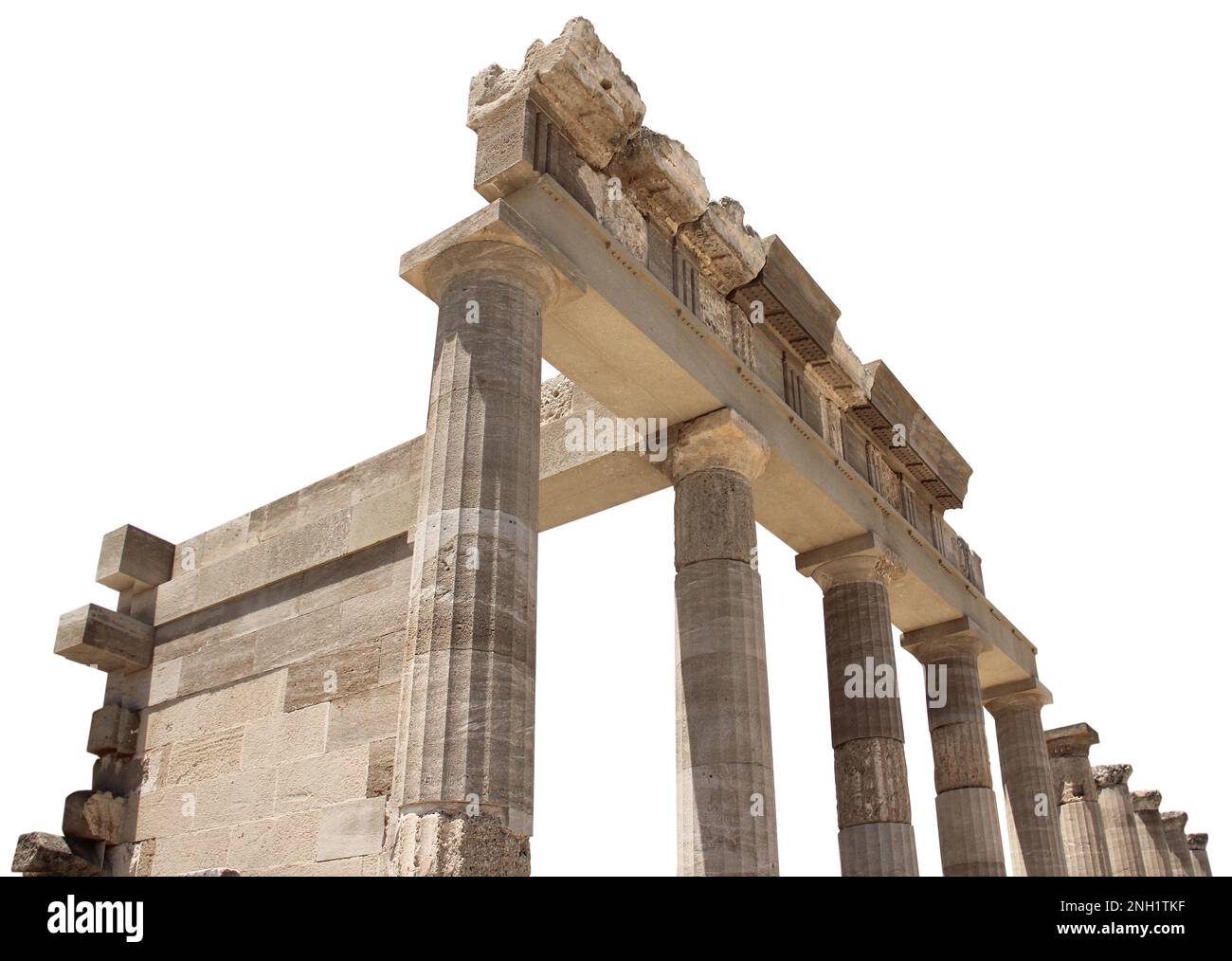 Ancient Greek antique temple facade stone ruins and columns isolated Stock Photo