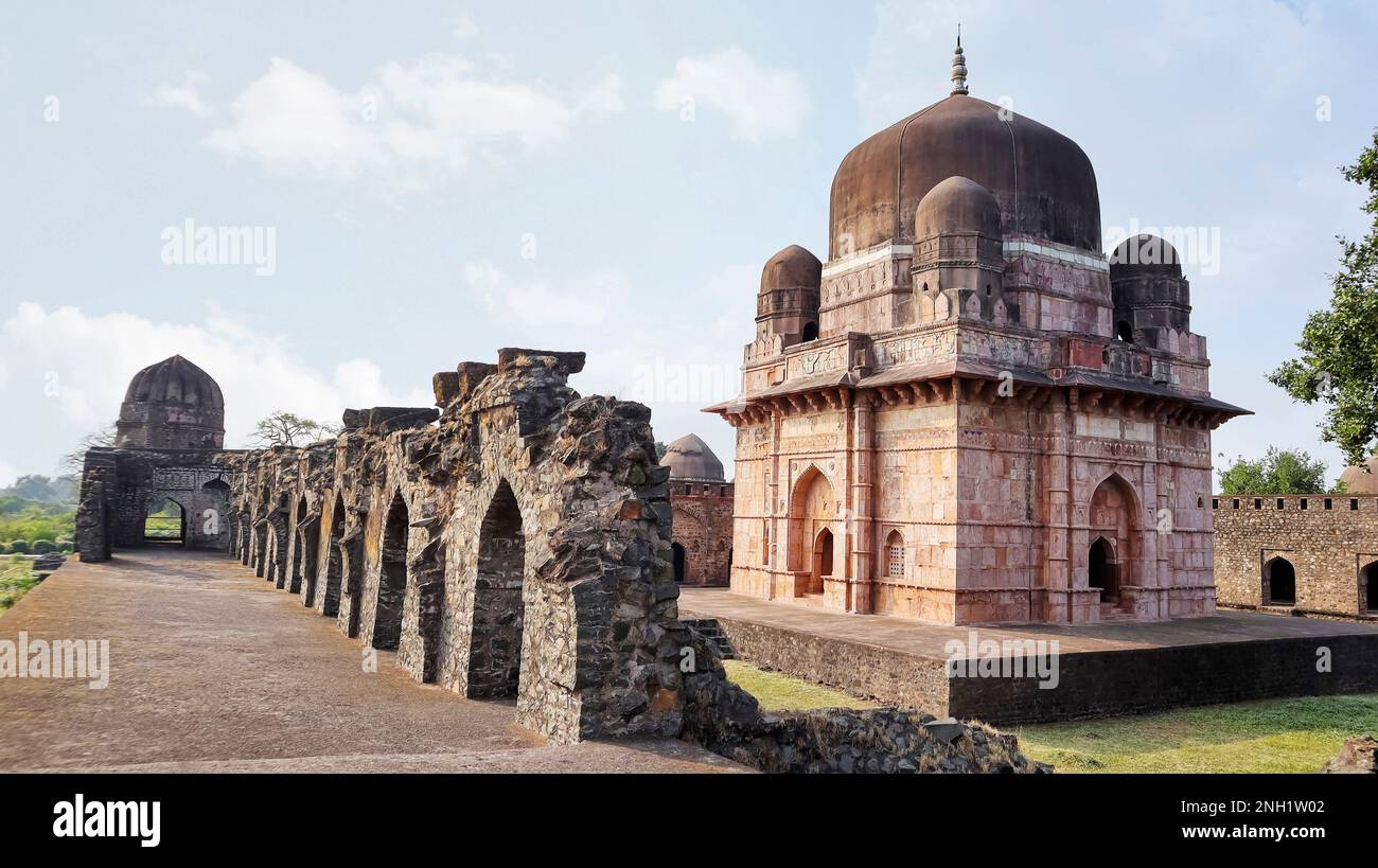 View of Darya Khan Tombs and Ruined Walls of Campus, Mandu, Madhya Pradesh, India. Stock Photo