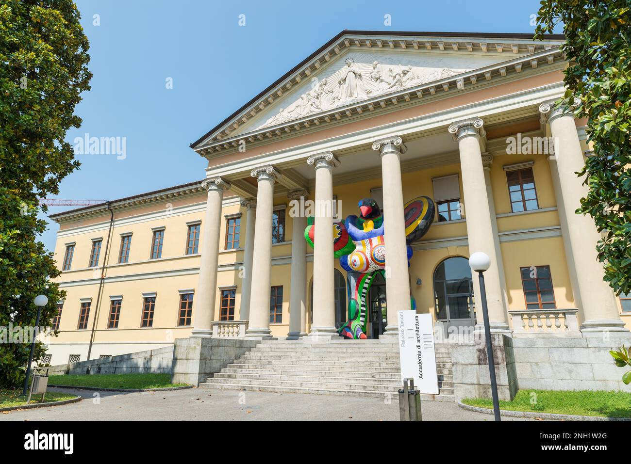 Mendrisio, Switzerland  – June 4, 2019: Swiss University. Turconi Palace, headquarters of the Mendrisio Academy of Architecture, as written on the whi Stock Photo