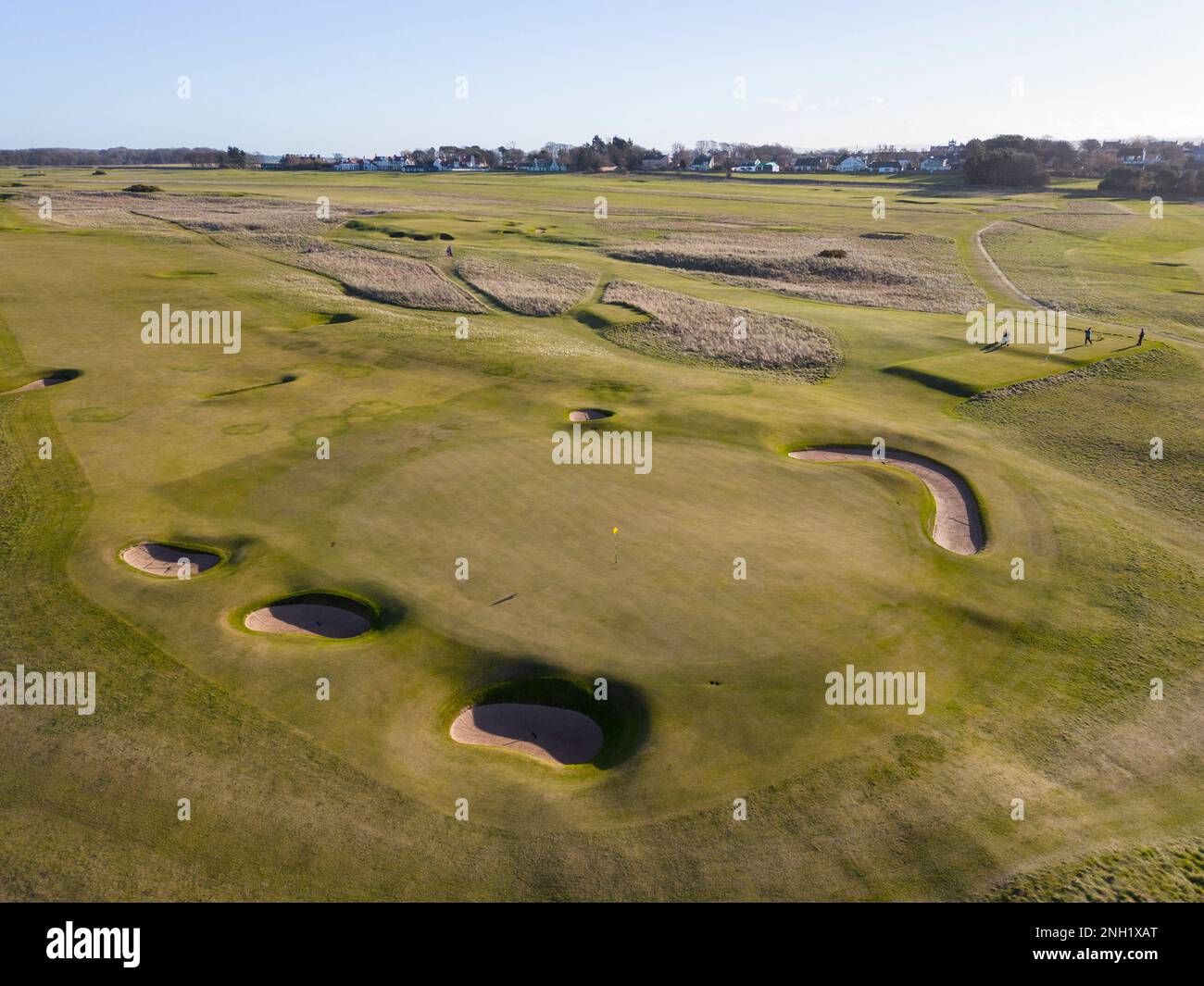 Aerial view from drone of Muirfield Golf course in Gullane, East