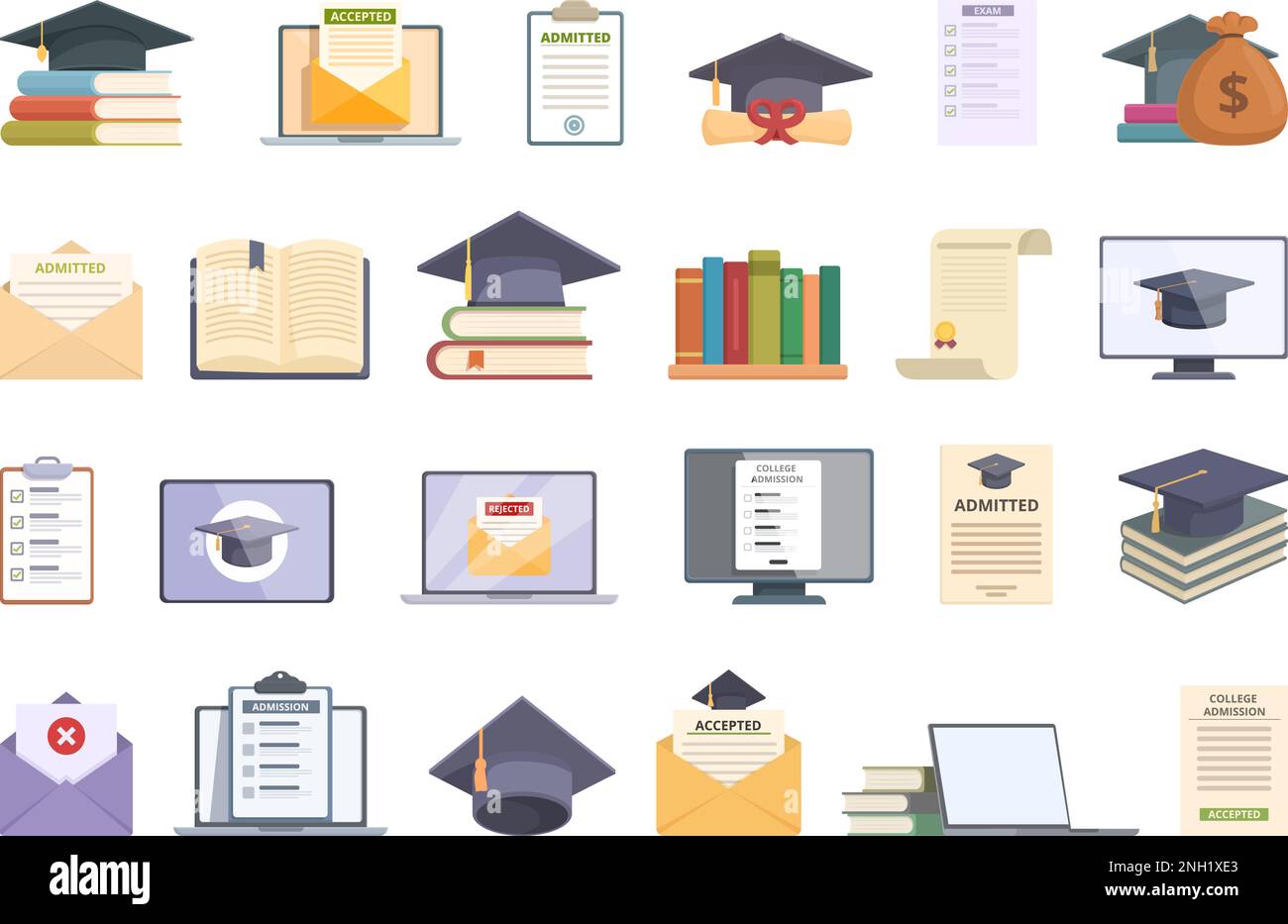College admission icons set cartoon vector. University education. Computer test Stock Vector