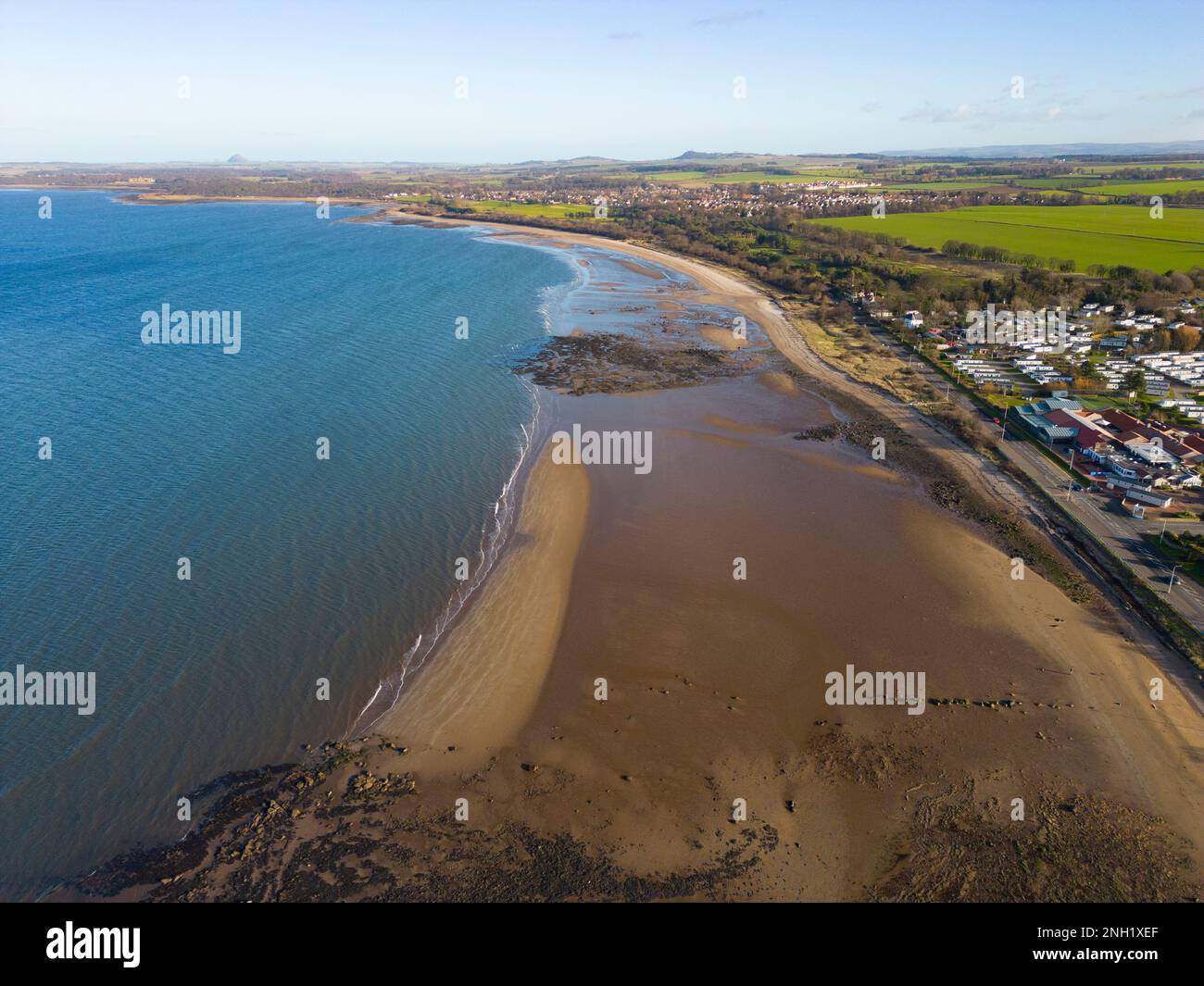 Aerial view from drone of Seton Sands beach and coast at Port Seton