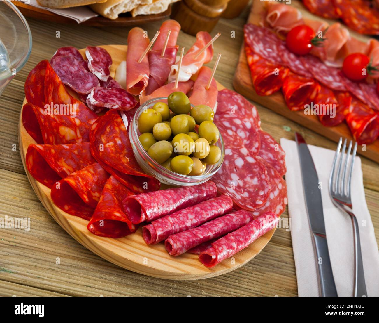 Spanish sausage sliced chorizo, fuet, jamon, salami, bacon Stock