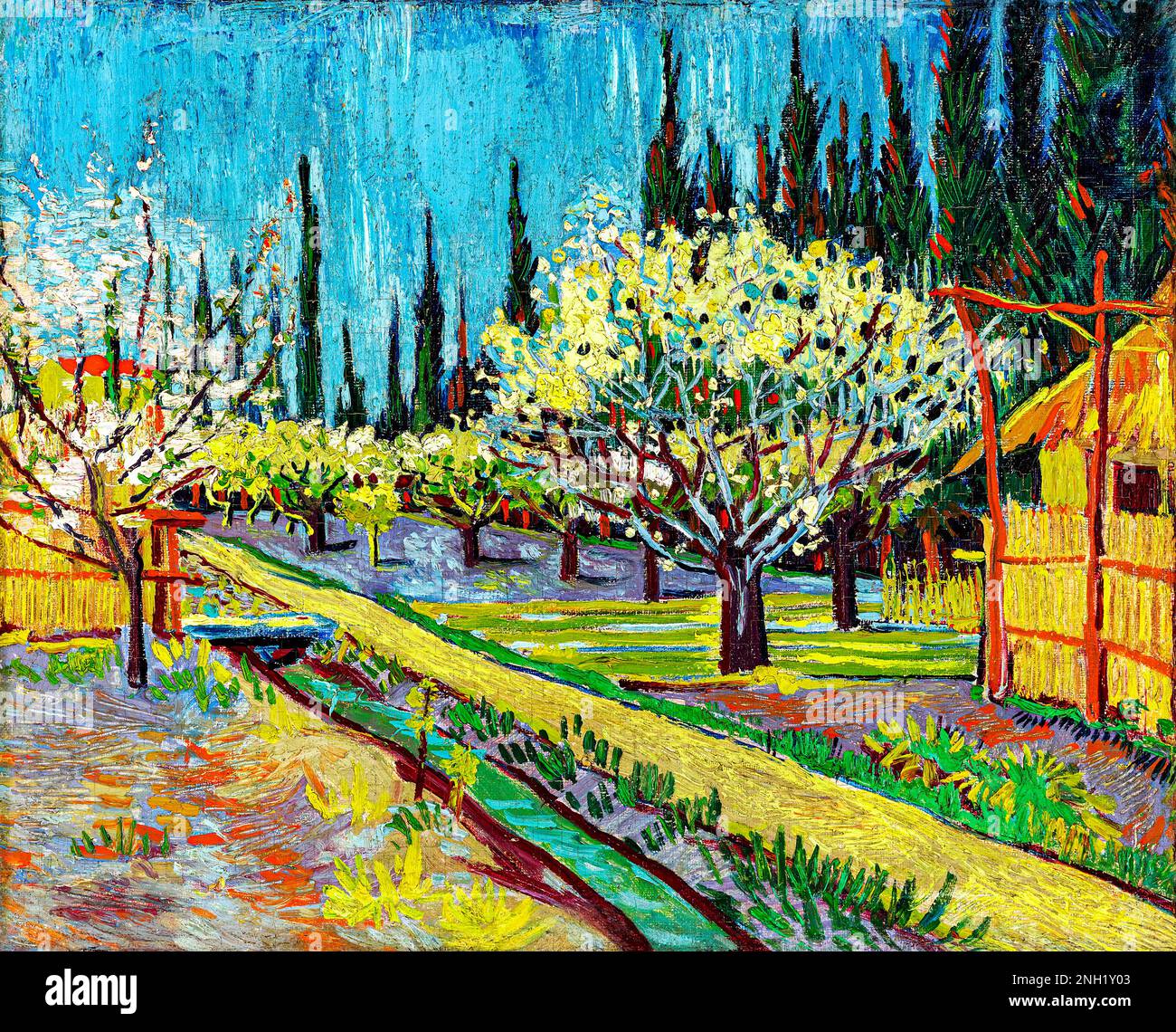 Orchard Bordered by Cypresses (1888) by Vincent Van Gogh. Original from the Yale University Art Gallery. Stock Photo