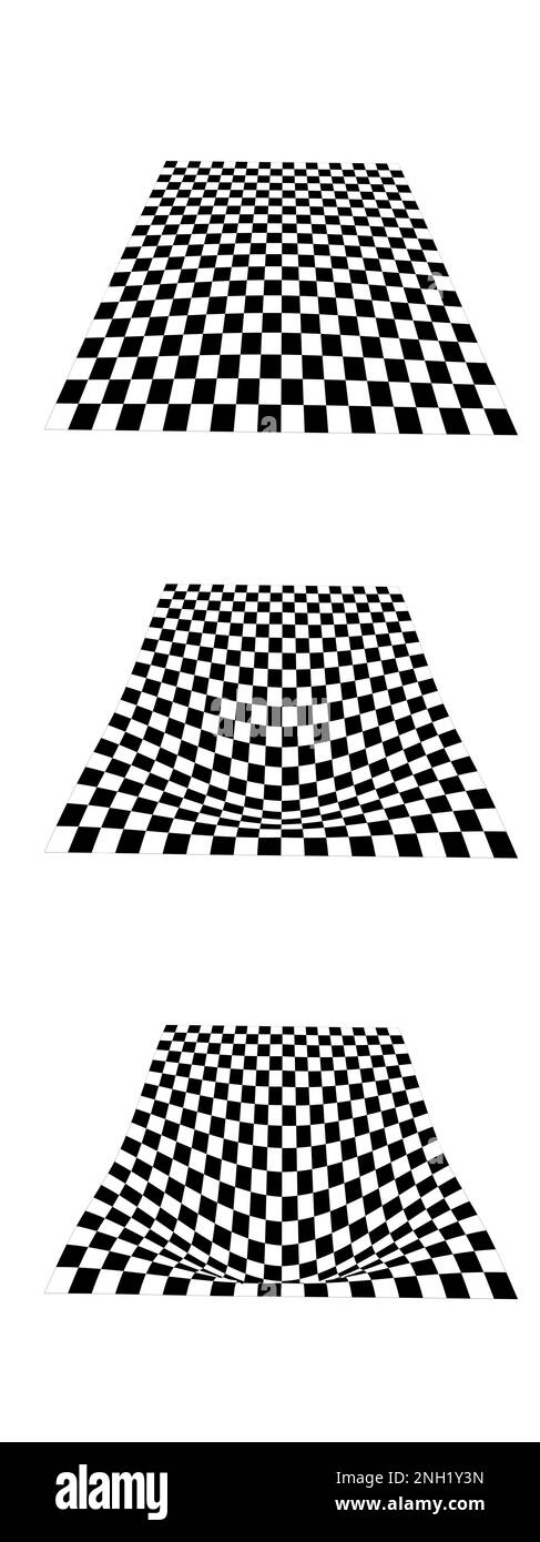 Distortion process of checkered planes in perspective. Warped tile floor. Set of curvatured checkerboard textures. Convex boards with squared pattern Stock Vector