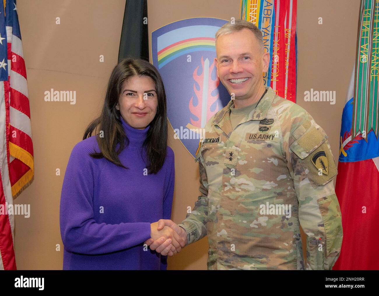 Ms. Serap Gueler MdB, Member of the Bundestag and of the Bundestag  Defense Committee, meets with Maj. Gen. Michael D. Wickman, U.S. Army Europe and Africa Chief of Staff at USAREUR-AF HQ in Wiesbaden, Germany, Dec 8, 2022.  She met with senior USAREUR-AF staff to discuss the security situation in Europe and efforts to support Ukraine in the conflict with Russia. Stock Photo