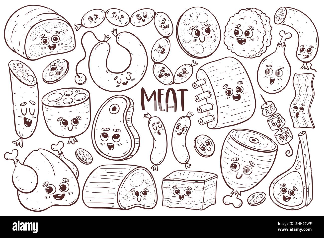 Cute meat collection with cartoon faces. Isolated doodle cliparts. Coloring illustration page. Stock Photo