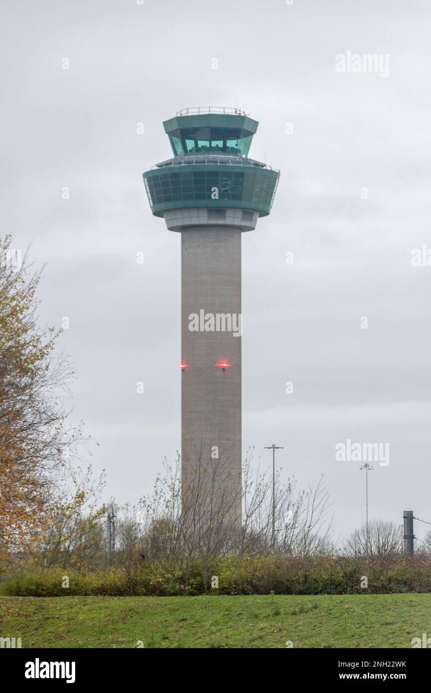Stansted, United Kingdom - December 3, 2022: Control tower of London Stansted Airport (IATA: STN 