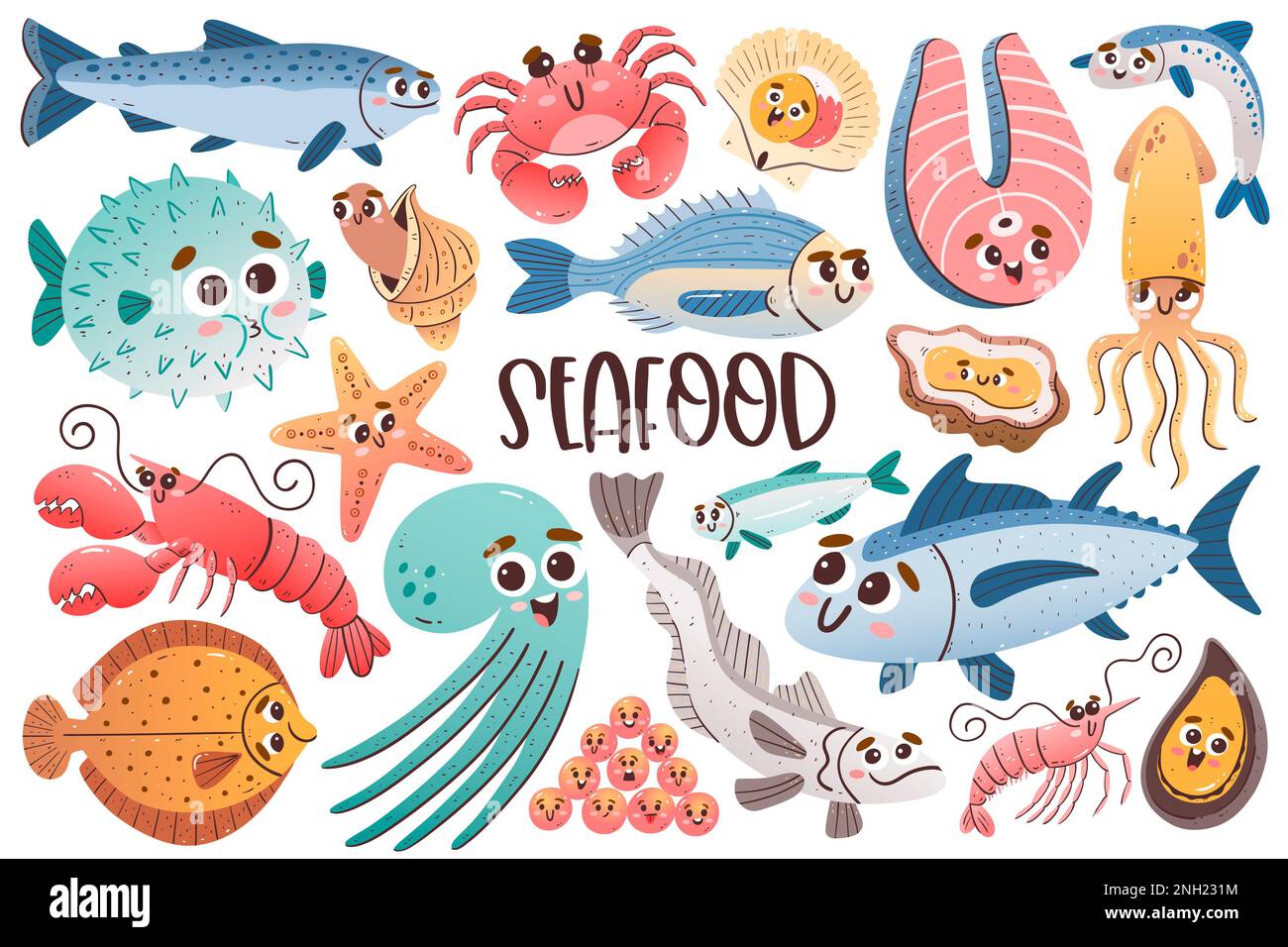 Seafood collection with cute cartoon faces. Isolated colorful cliparts. Background illustration. Stock Photo