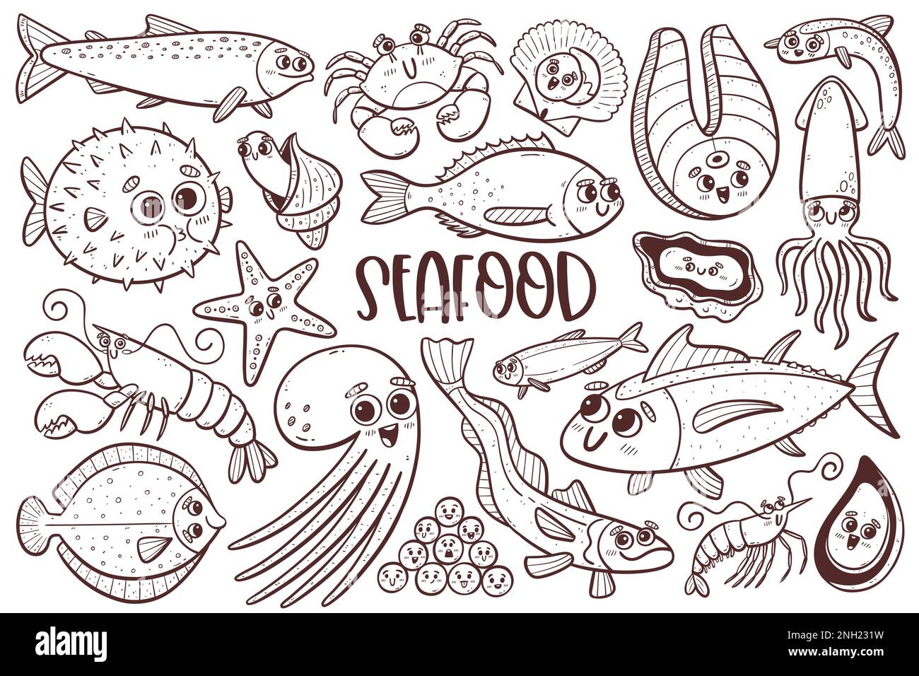 Cute seafood collection with cartoon faces. Isolated doodle cliparts. Coloring illustration page. Stock Photo