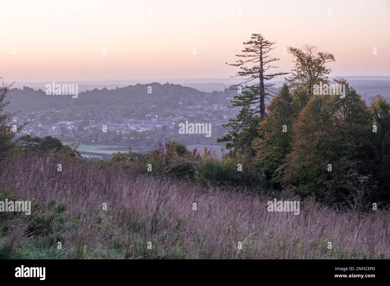 Elevated view of the English Town of Dorking at dawn from the Surrey