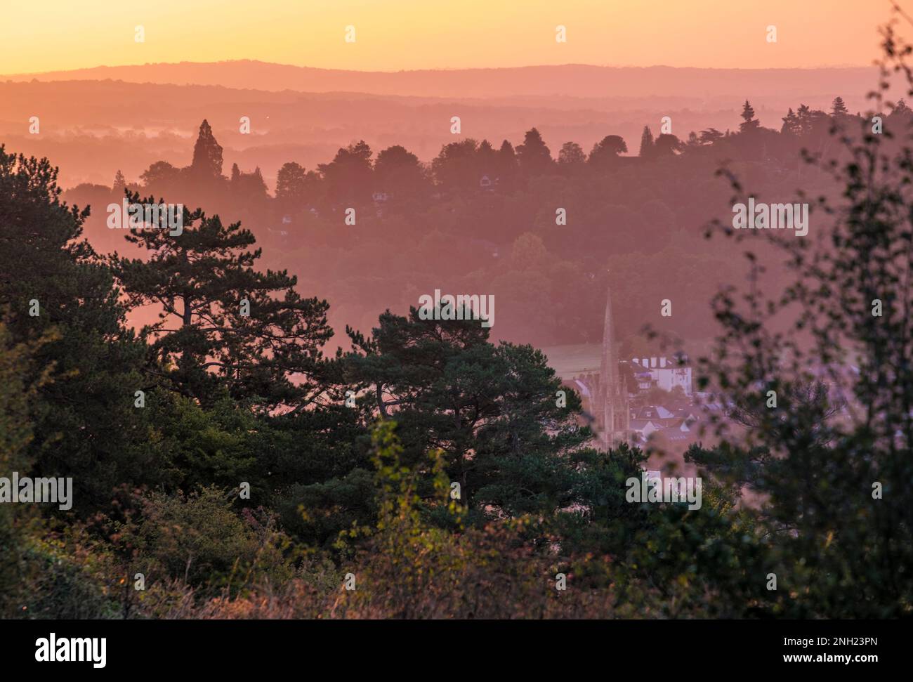 Elevated view of the English Town of Dorking at sunrise from the Surrey