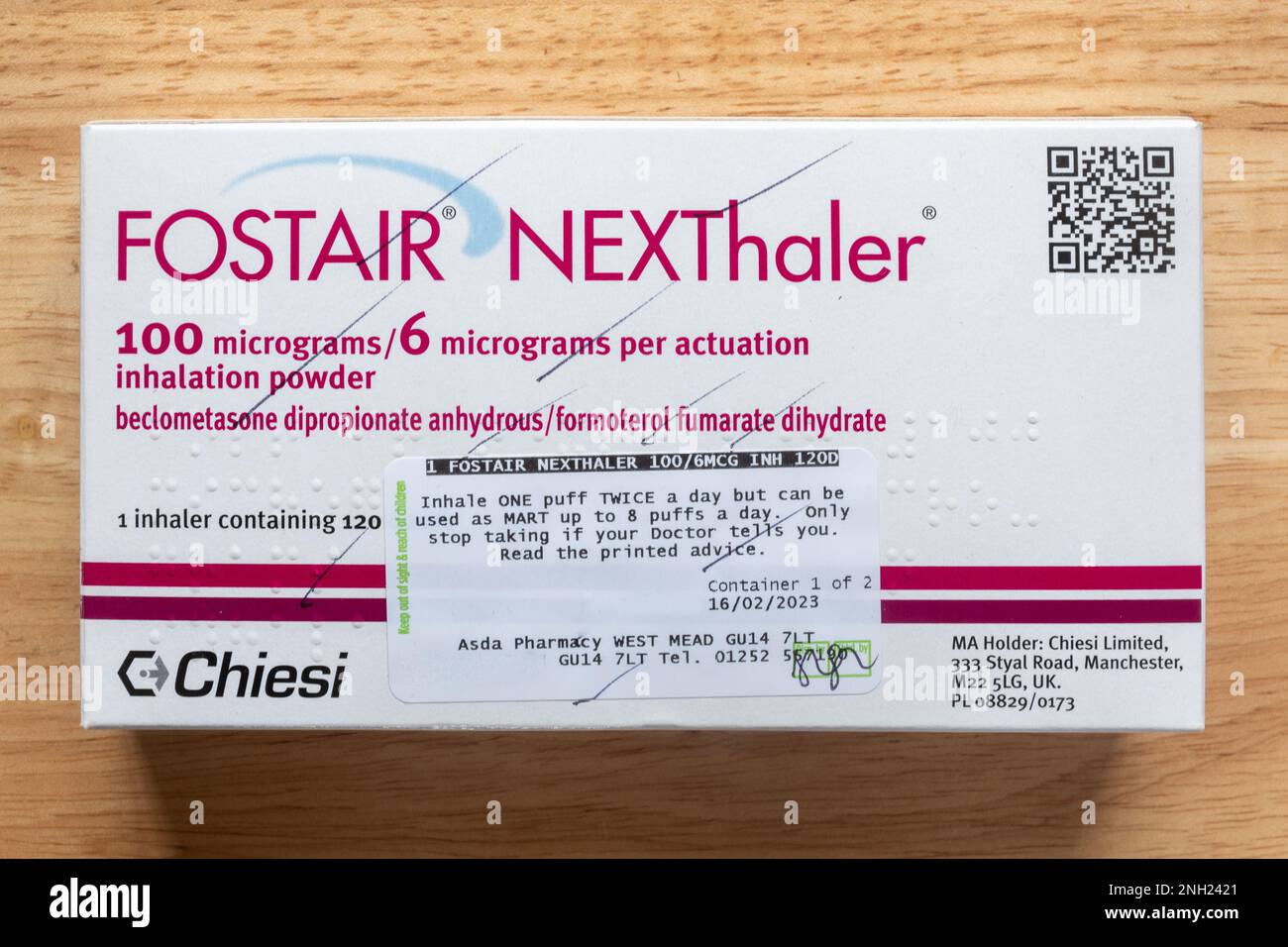 Photograph of packet containing an inhaler for medical treatment of asthma, Fostair NEXThaler Stock Photo
