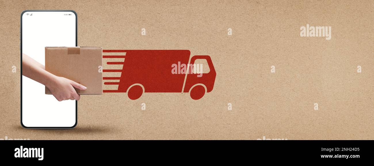 Courier delivering a parcel in a smartphone screen and truck icon, fast delivery service app banner, blank copy space Stock Photo