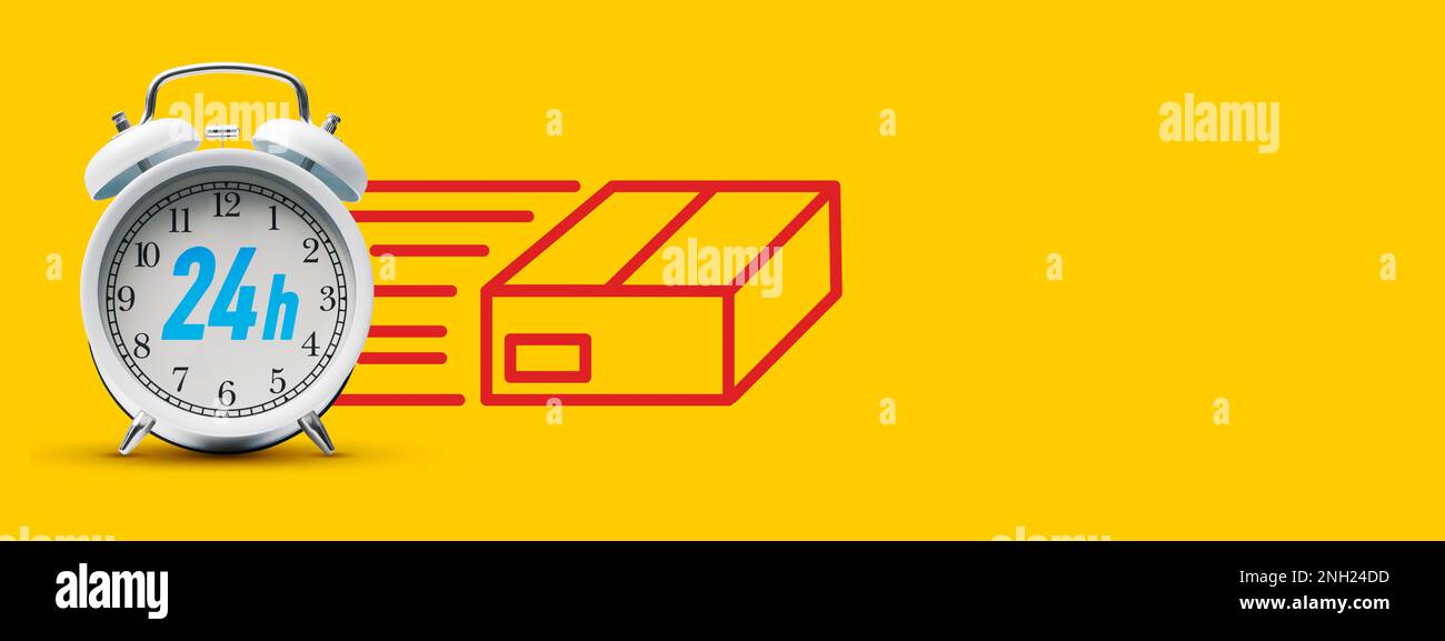 24h express delivery service banner: alarm clock and parcel icon, blank ...