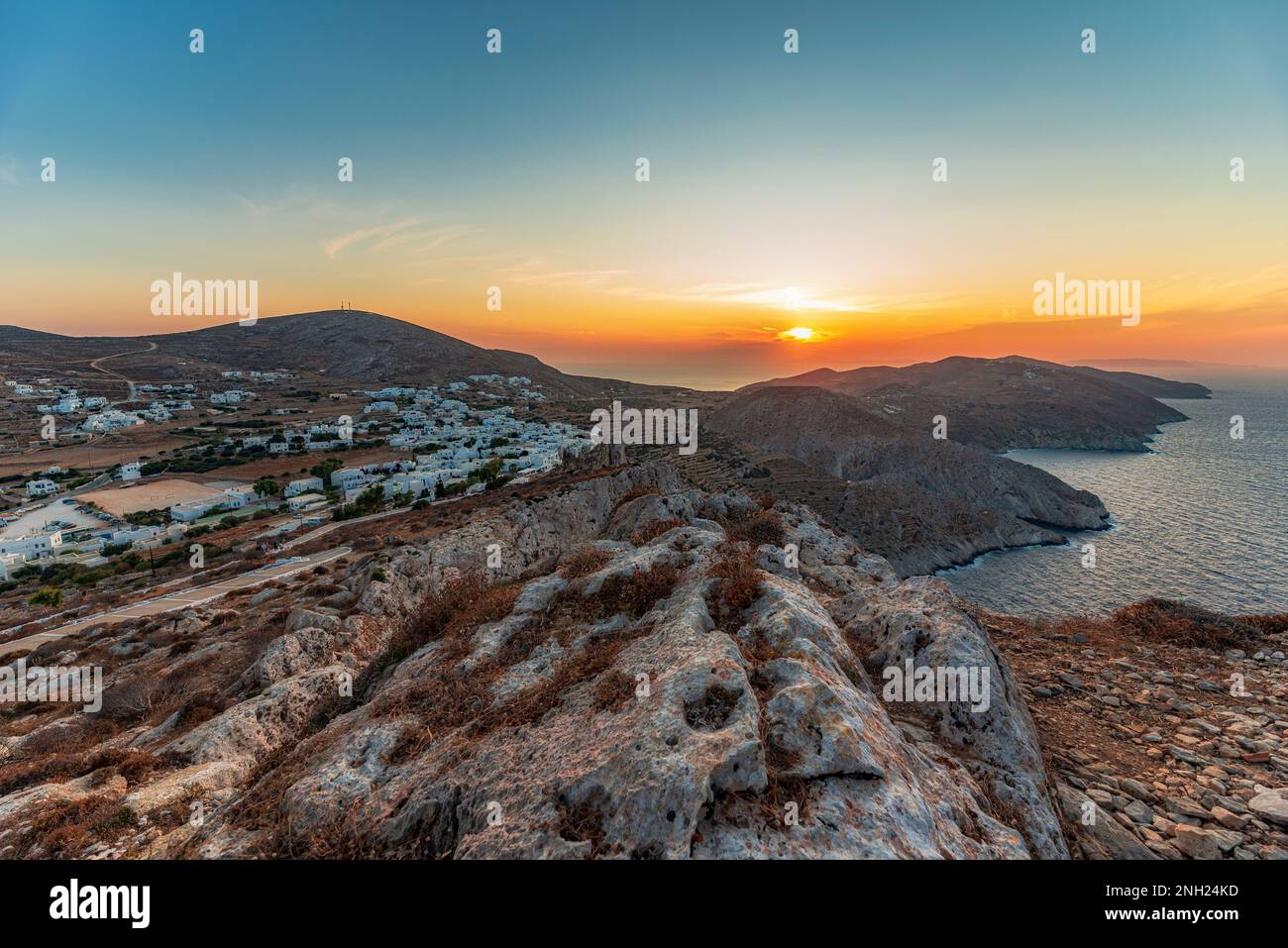 Panoramic view of Folegandros island at sunset Stock Photo