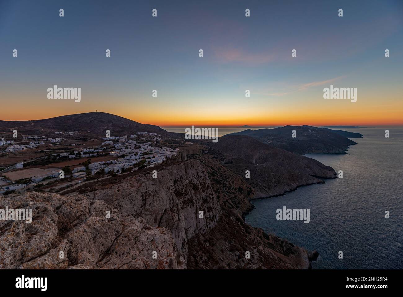 Panoramic view of Folegandros island at dusk Stock Photo