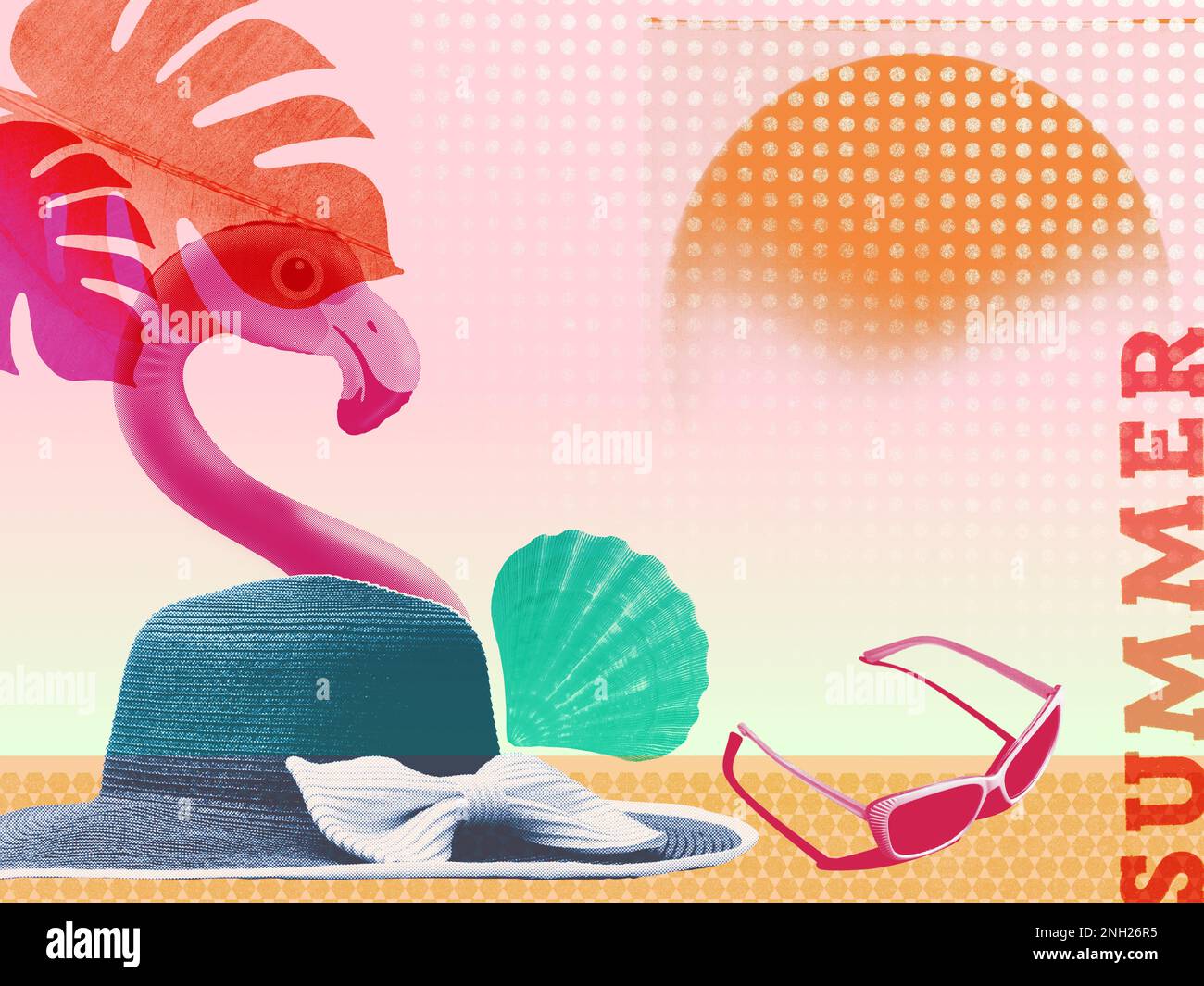 Summer vacation collage with beach items and copy space Stock Photo