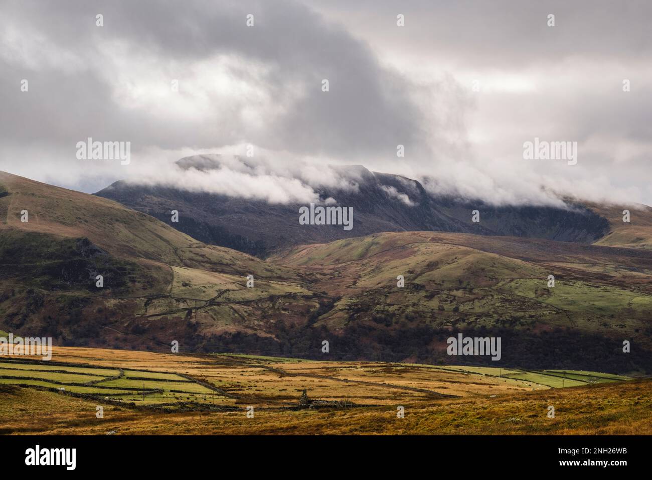 View south across Nantlle valley to Craig Cwm Silyn on the Nantlle Ridge in Snowdonia National Park from Y Fron, Gwynedd, Wales, UK, Britain Stock Photo