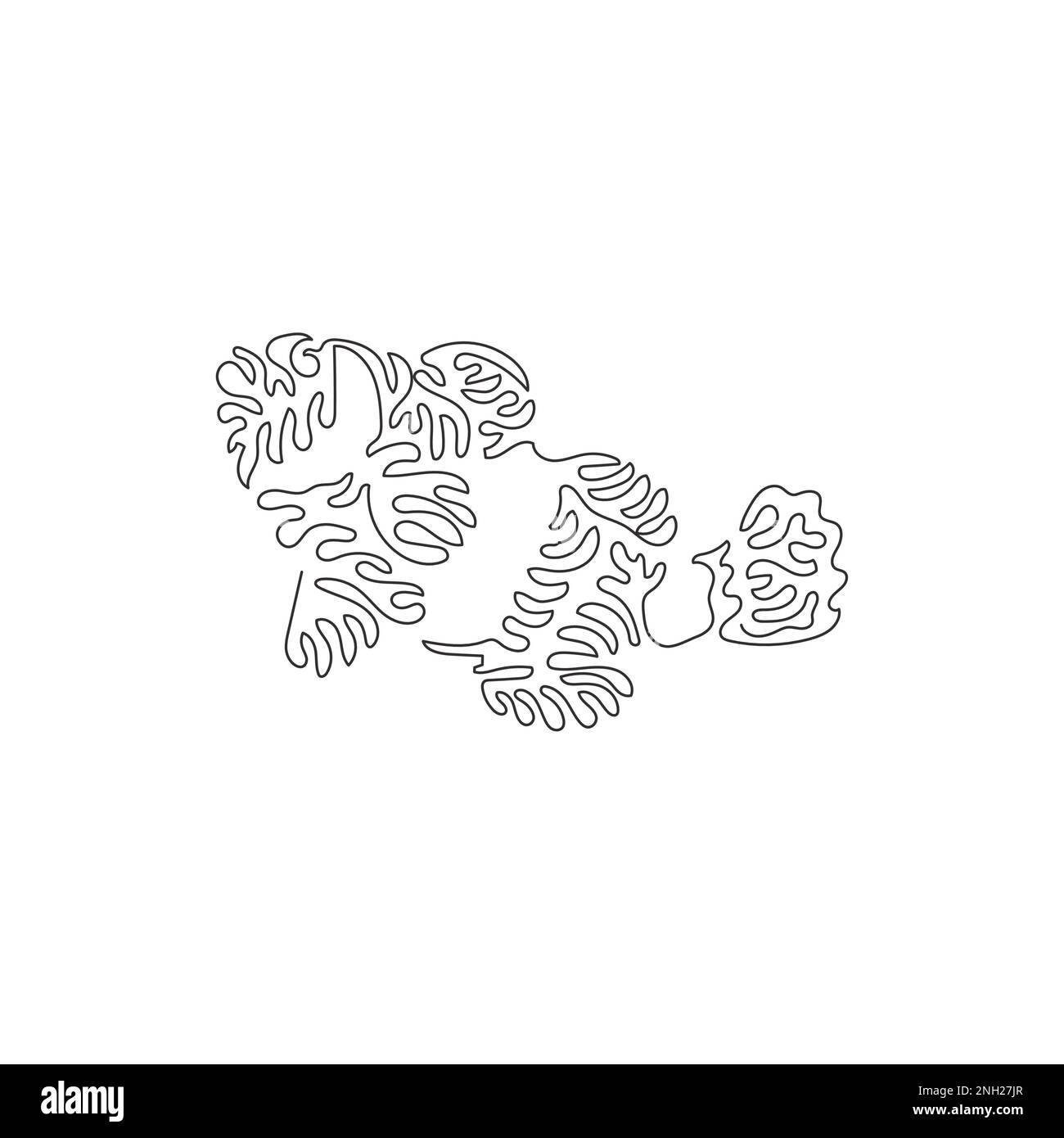 Single swirl continuous line drawing of frisky clownfish abstract art. Continuous line drawing design vector illustration style of beautiful clownfish Stock Vector