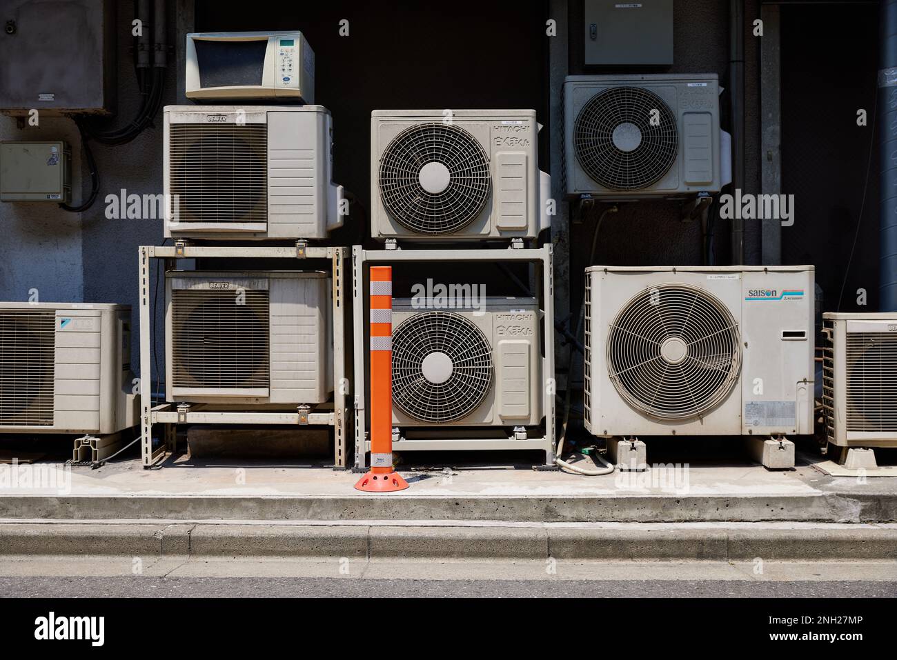 Air conditioning units, Hitachi, Mitshubishi, etc. Stock Photo