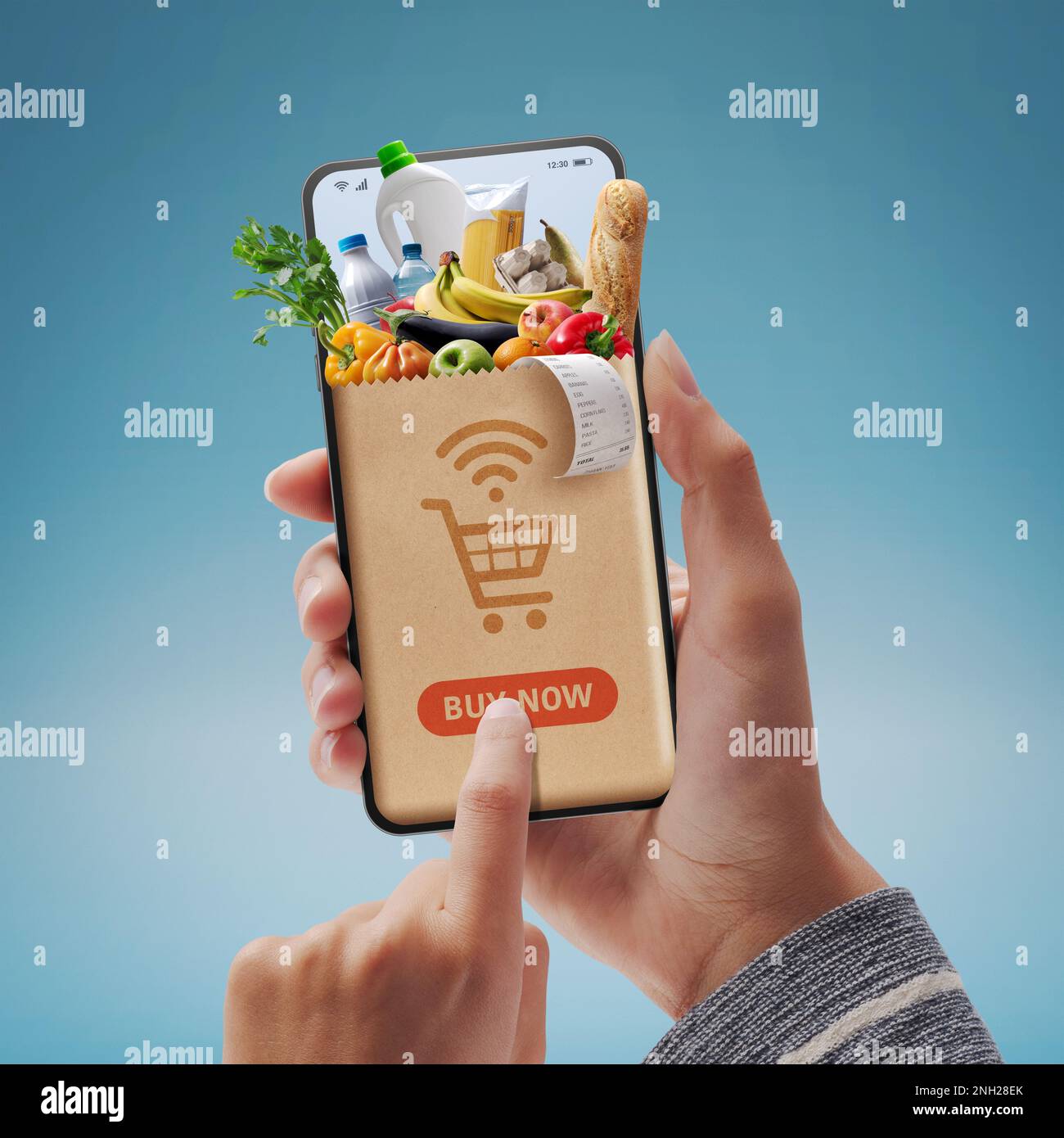 Online grocery shopping app: customer holding a smartphone and ordering