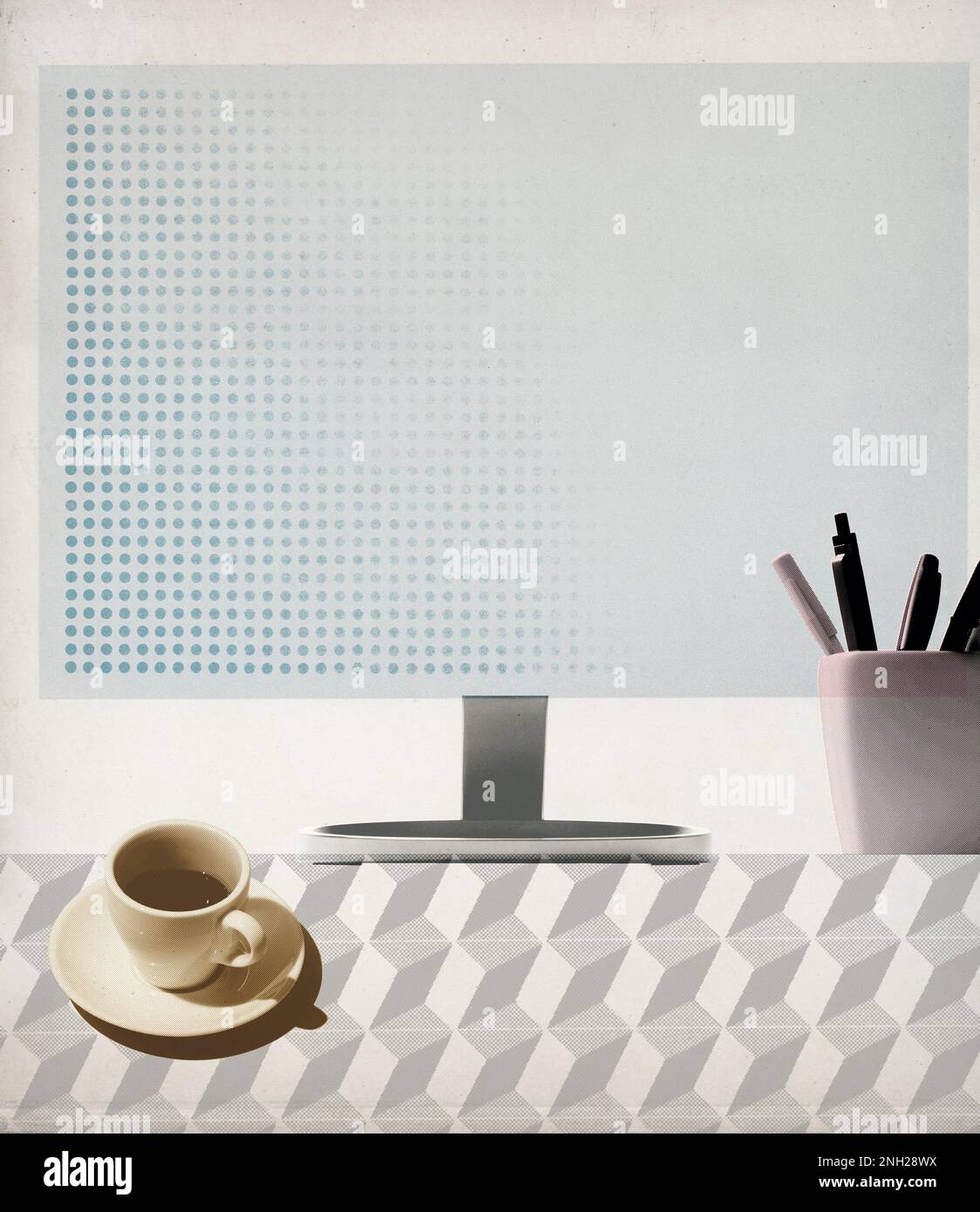 Business desktop with computer and objects, vintage collage poster Stock Photo