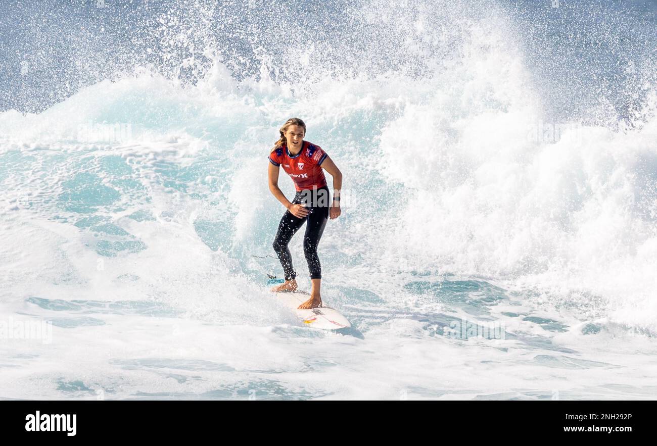 Haleiwa, HI, USA. 19th Feb, 2023. Molly Picklum pictured as she wins the 2023 Hurley Pro Sunset