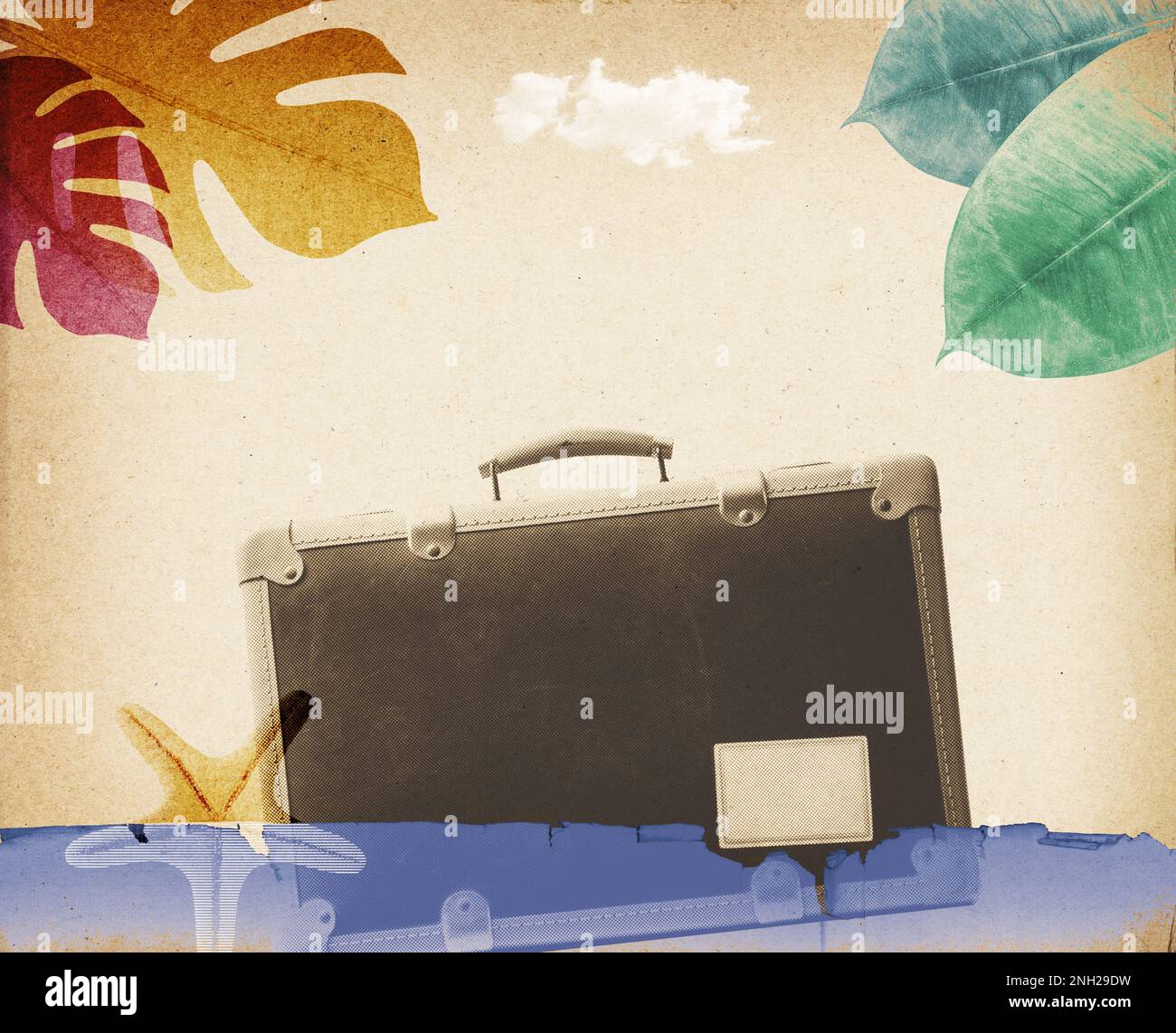 Summer vacations at the beach retro collage: old suitcase floating in ...