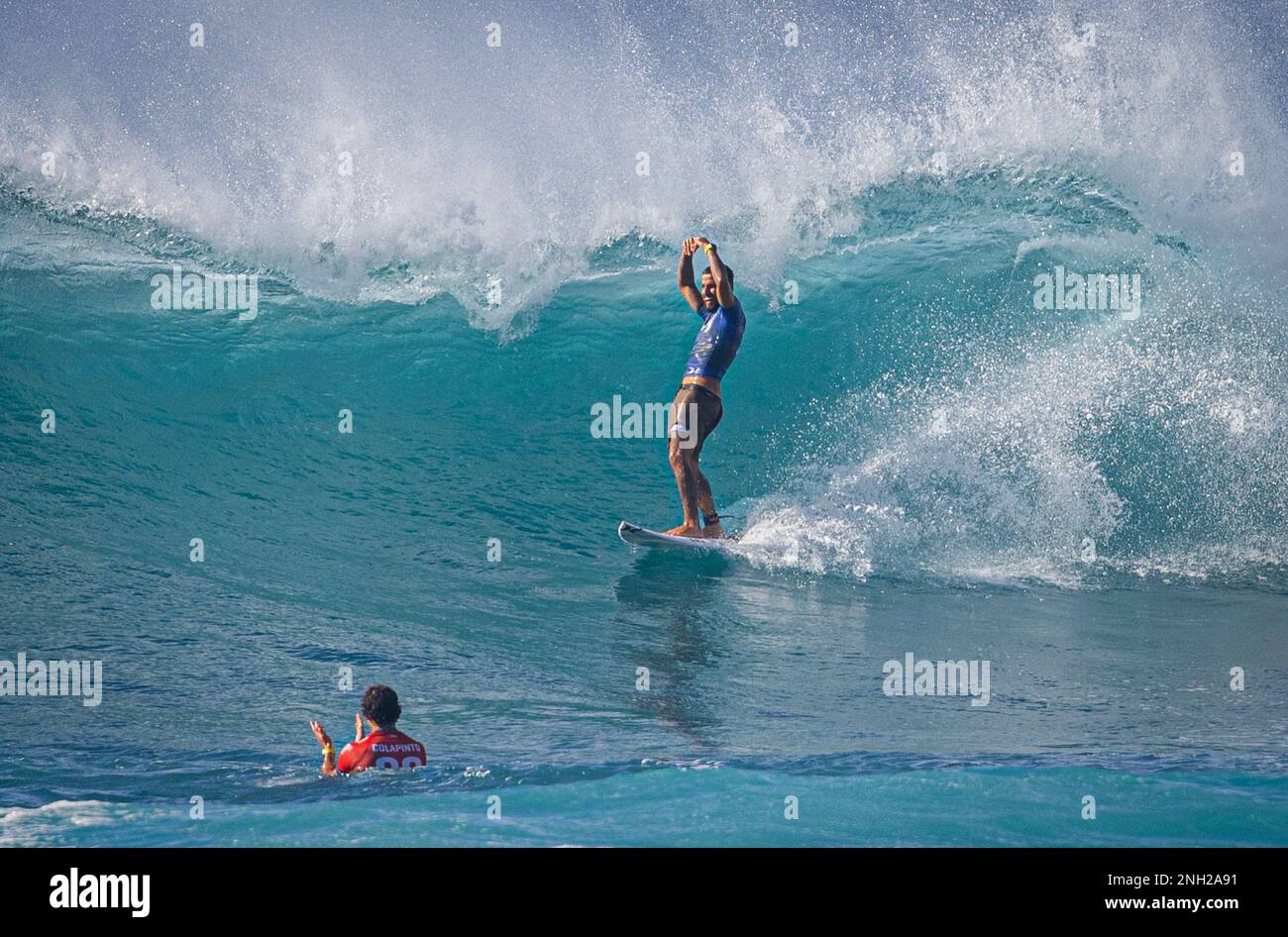 Haleiwa, HI, USA. 19th Feb, 2023. Filipe Toledo pictured as he wins the 2023 Hurley Pro Sunset