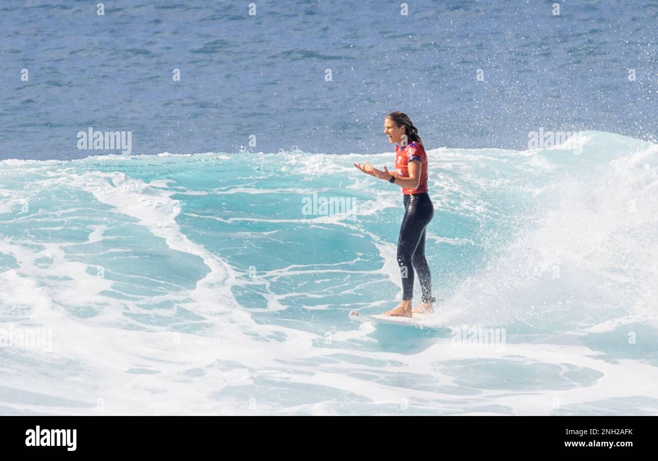 Haleiwa, HI, USA. 19th Feb, 2023. Molly Picklum pictured as she wins the 2023 Hurley Pro Sunset