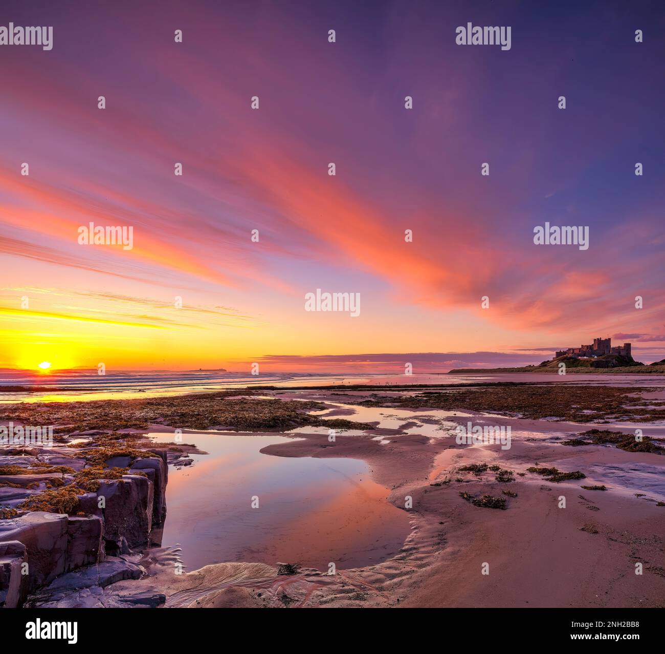 Bamburgh Castle and Bamburgh beach at dawn in mid-summer, looking towards the Farne Island, Northumberland, England, United kingdom Stock Photo