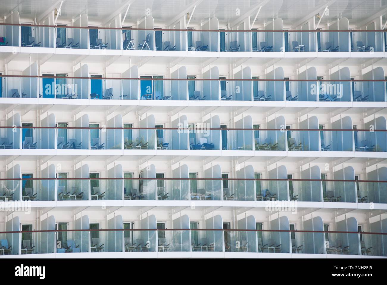 Cruise ship cabins background . Ocean liner rooms with balcony Stock
