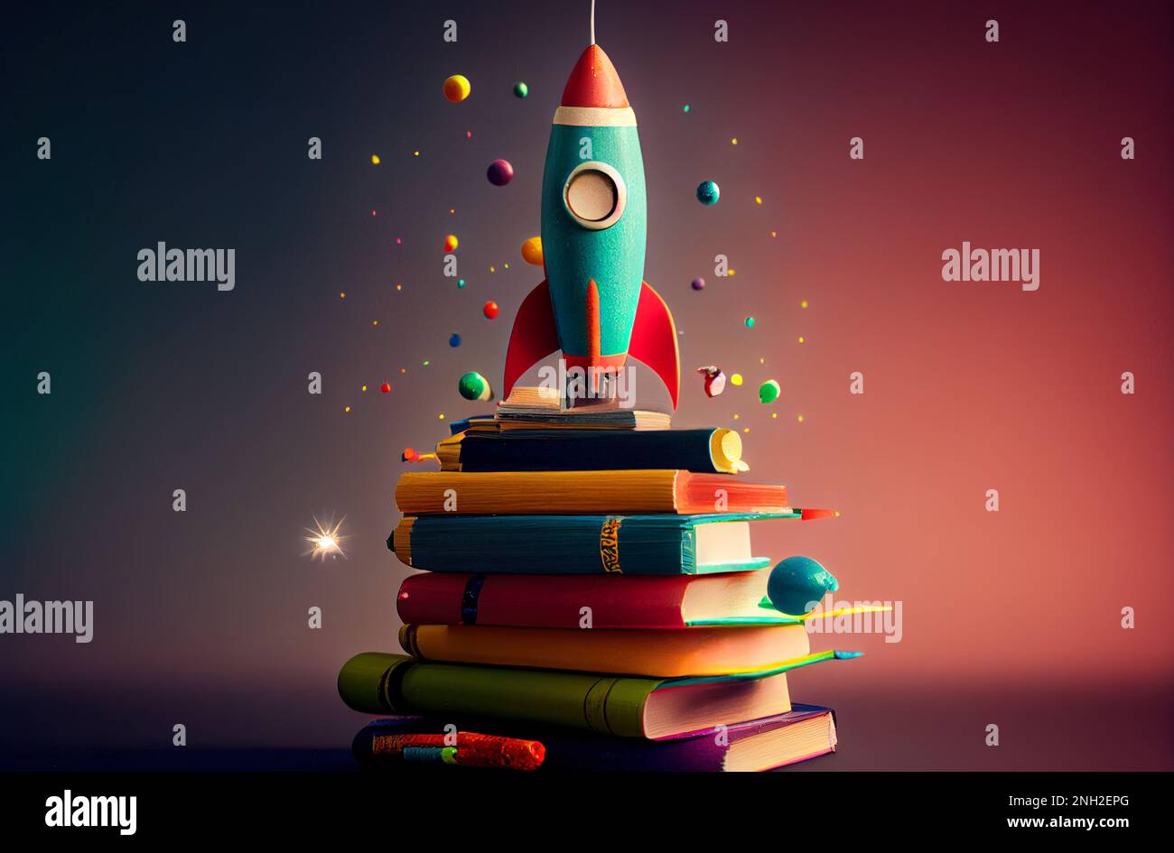 Stack of books with open one and magic light, learning and back to school concept, created using of AI tool Stock Photo