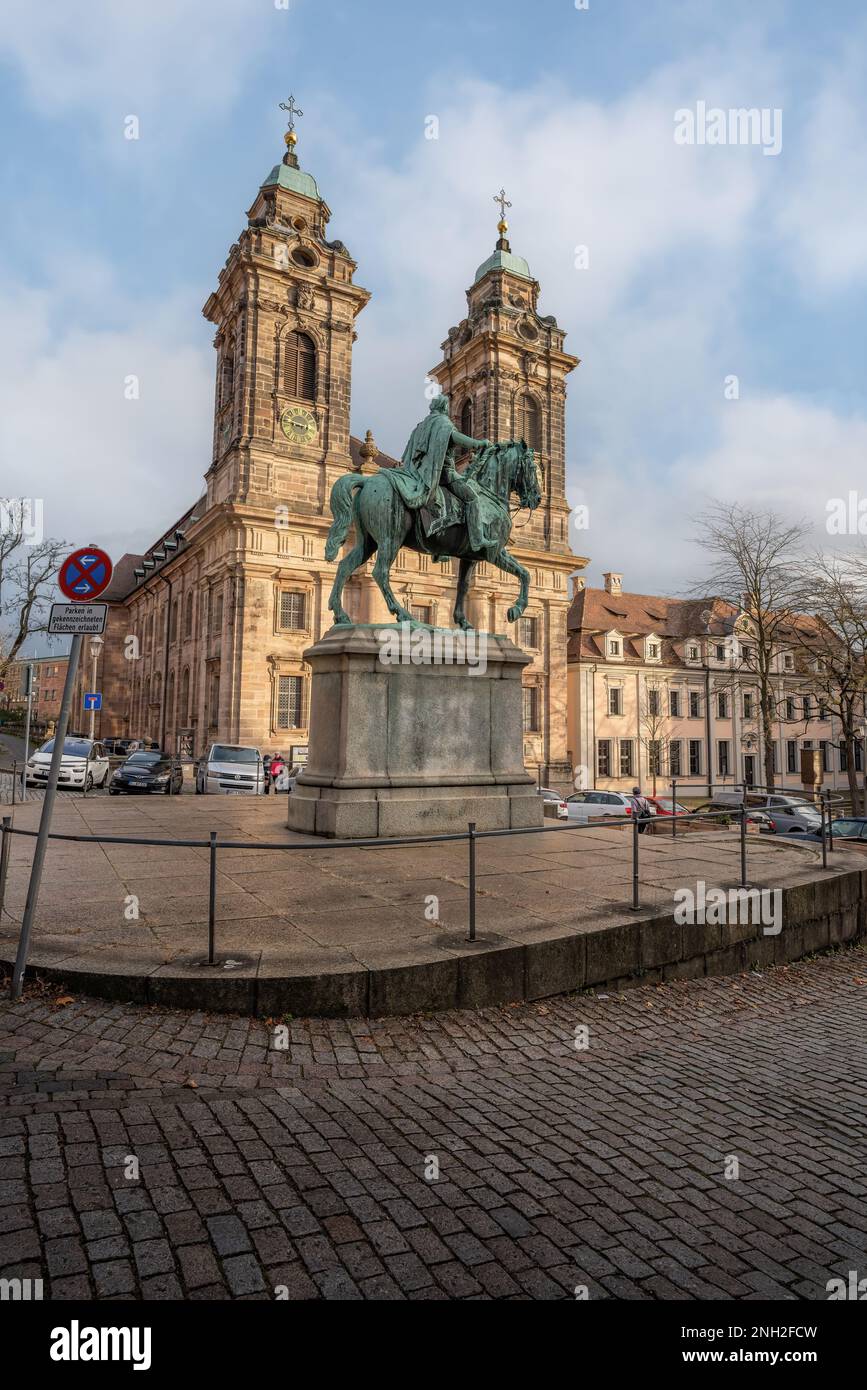 St. Egidien Church (Egidienskirche) and Kaiser Wilhelm I Statue at Egidienplatz Square - Nuremberg, Bavaria, Germany Stock Photo