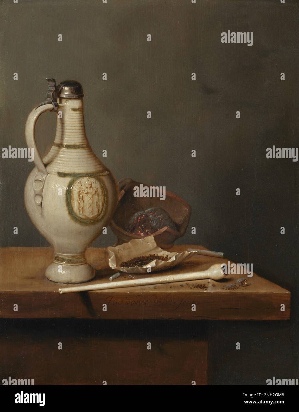 Jan Jansz van de Velde III Still Life with Stoneware Jug and Pipe mid 1650s Stock Photo