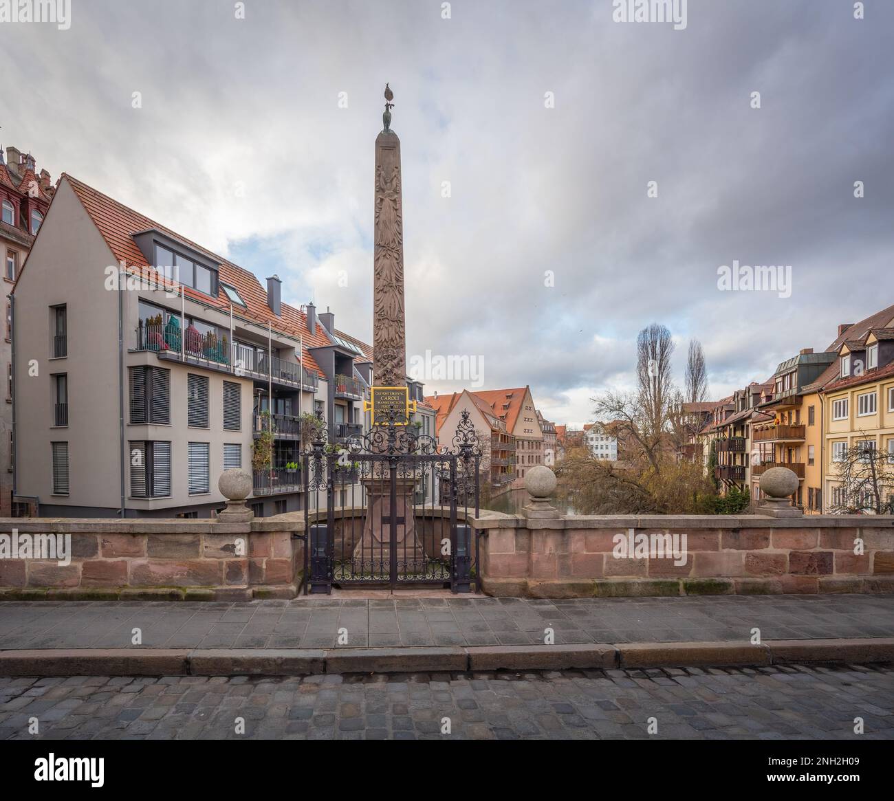 Obelisk at Karlsbrucke Bridge - Nuremberg, Bavaria, Germany Stock Photo