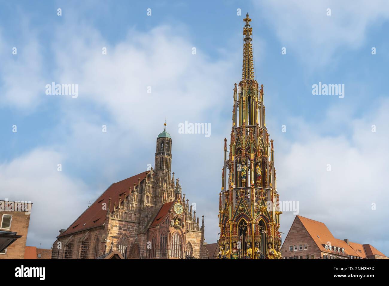 Hauptmarkt Square with Frauenkirche (Church of Our Lady) and Schoner Brunnen fountain - Nuremberg, Bavaria, Germany Stock Photo