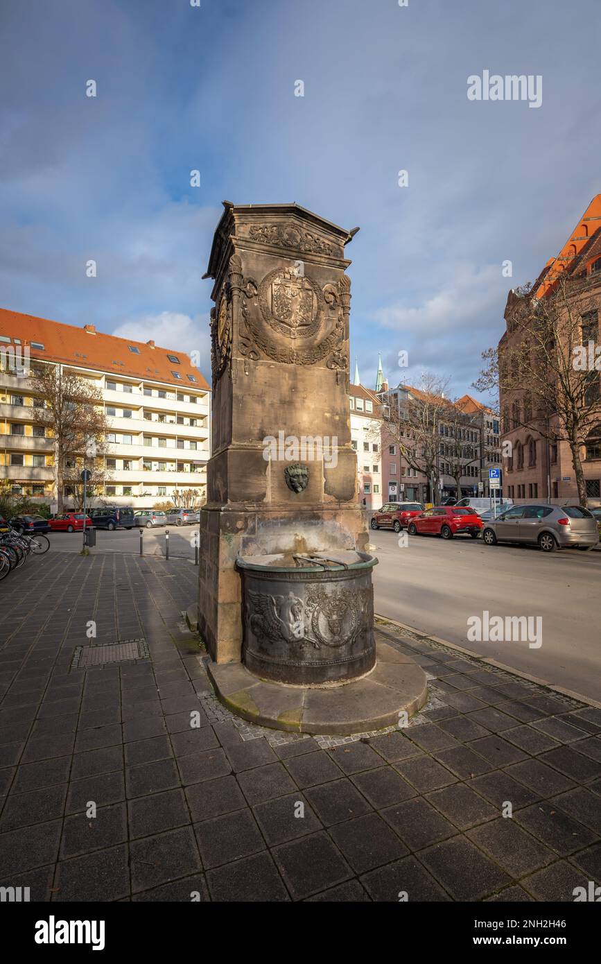 Durer Pirckheimer Fountain (Durer-Pirckheimer-Brunnen) at Maxplatz Square - Nuremberg, Bavaria, Germany Stock Photo