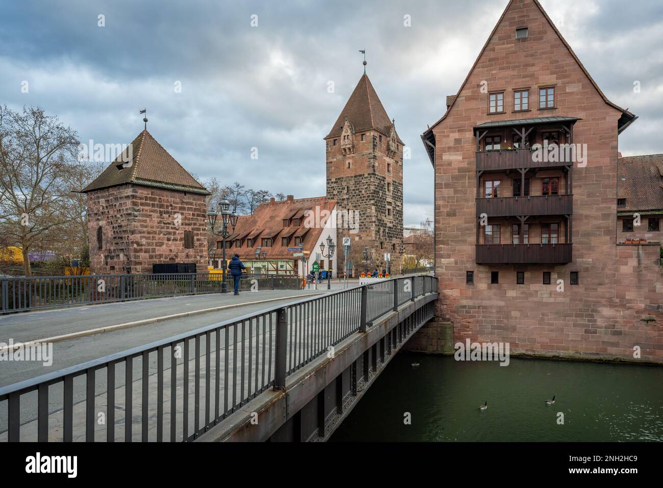 Schuldturm Tower, Hochwasserturm and Spitalbrucke Bridge - Nuremberg, Bavaria, Germany Stock Photo