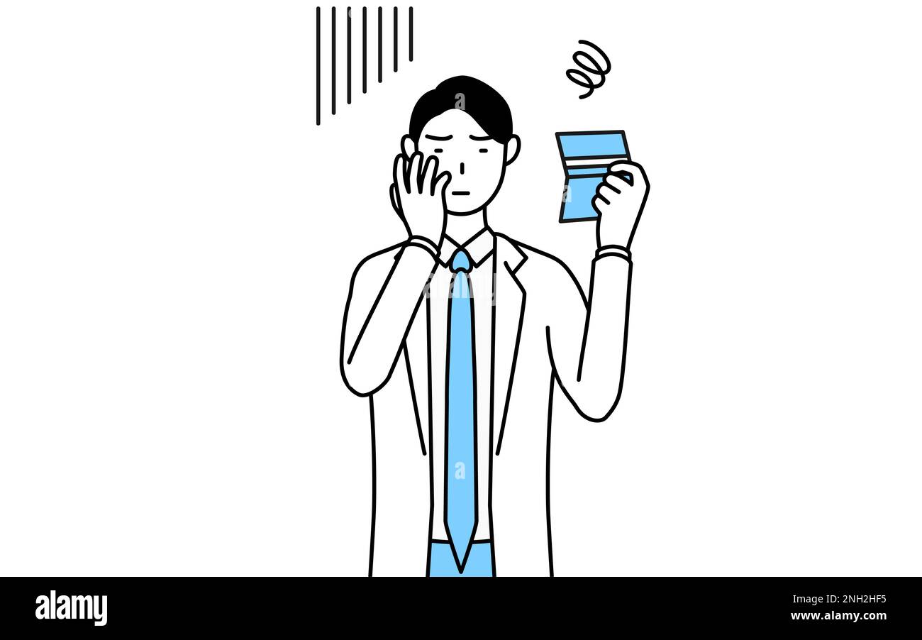 A man doctor in white coats looking at his bankbook and feeling depressed. Stock Photo